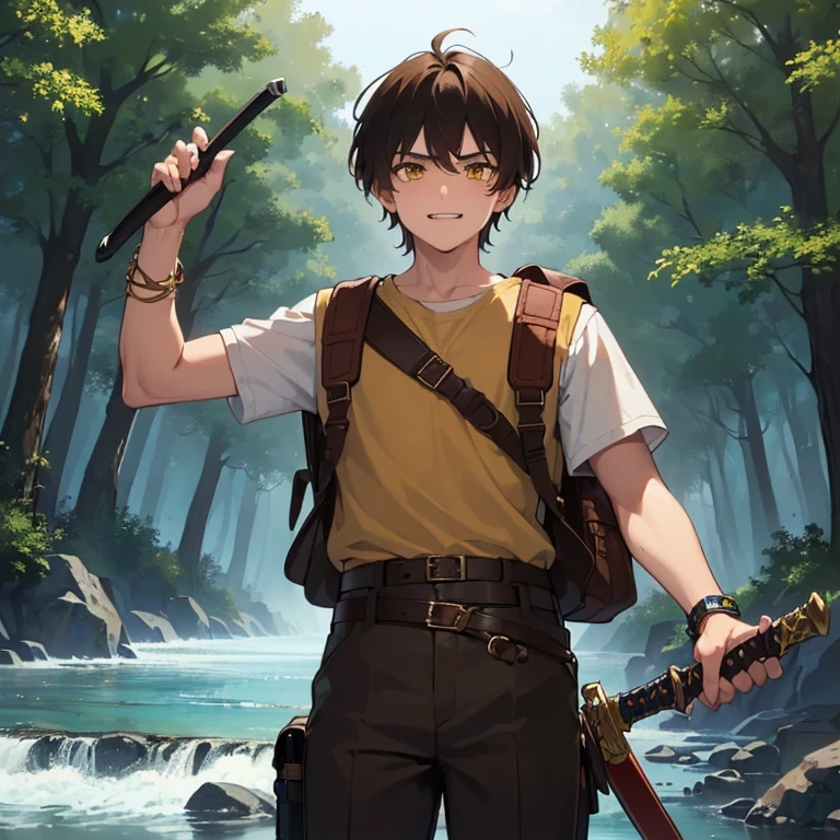 ((1 boy, brown hair, brown pants, no blouse, a bracelet on his arms, a backpack on his back, with a boot, a belt with a sword)),((muscle)),((yellow eyes, happy face )),((attacking a user, killing a user in a river in the haunted forest at night)),