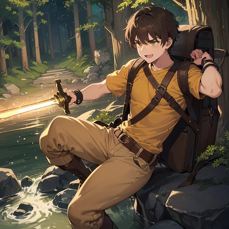 ((1 boy, brown hair, brown pants, no blouse, a bracelet on his arms, a backpack on his back, with a boot, a belt with a sword)),((muscle)),((yellow eyes, happy face )),((attacking a user, killing a user in a river in the haunted forest at night)),