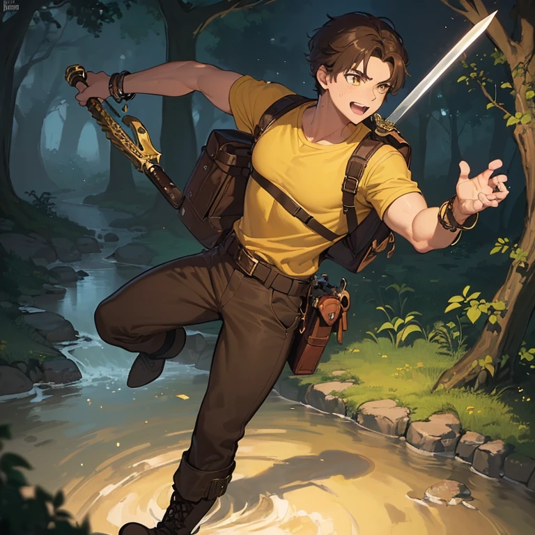 ((1 boy, brown hair, brown pants, no blouse, a bracelet on his arms, a backpack on his back, with a boot, a belt with a sword)),((muscle)),((yellow eyes, happy face )),((attacking a user, killing a user in a river in the haunted forest at night)),