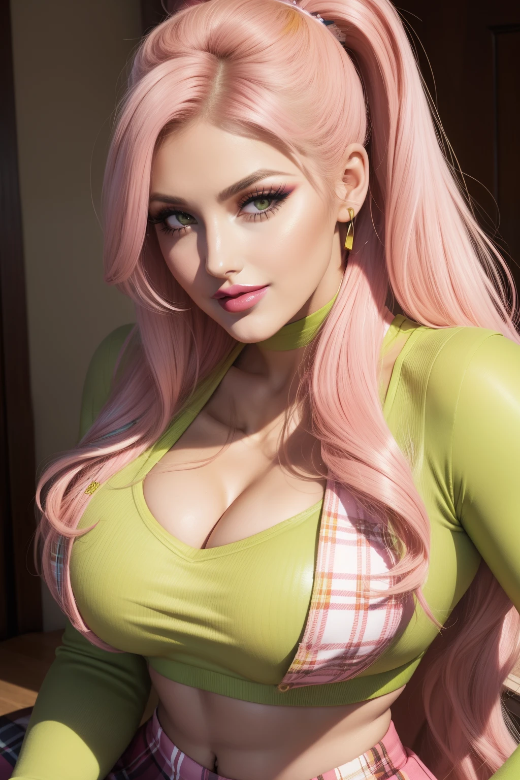 lucy pinder, face portrait, ((very intense makeup)), ((pink lipstick)), smiling, ((voluptuous woman)), long hair, blonde hair, two ponytails, yellow crop top, cleavage, green skirt plaid tights