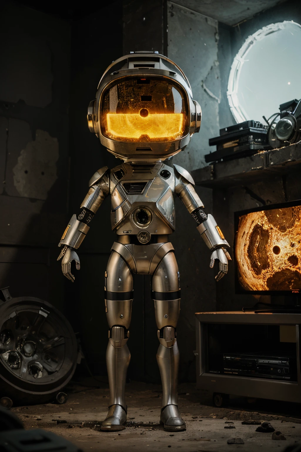 A Modern flat toon Crazy whit a Big ONE a Only Eye Robot and helmet Style, tongs in hands, Tv head, pinhead, camouflage Yellow White Rusty, Ambient in a meteorite crater super detailed, center, beautiful, soft lighting, focused on the character, 4K resolution, photorealistic rendering,