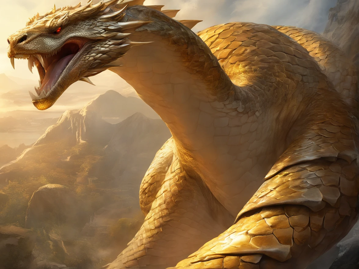 (best quality,4k,highres,masterpiece:1.2),ultra-detailed,realistic,giant snake,lifelike,glistening scales,mesmerizing patterns,huge reptile,striking eyes,sharp fangs,hissing sound,threatening presence,coiled body,ominous atmosphere,menacing creature,overwhelming size,dramatic lighting,mysterious shadows,impressive scale,immersive experience,majestic predator,awe-inspiring sight,snakeskin texture,golden hues,delicate scales,dominant presence, greek, greek mythology