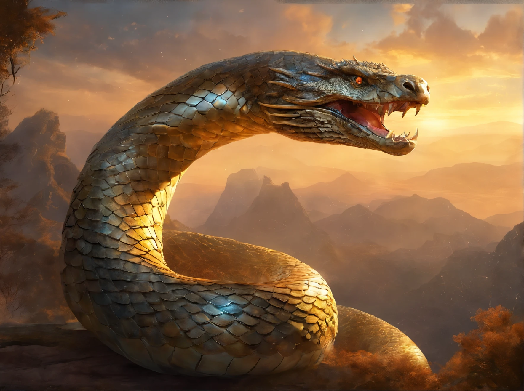(best quality,4k,highres,masterpiece:1.2),ultra-detailed,realistic,giant snake,lifelike,glistening scales,mesmerizing patterns,huge reptile,striking eyes,sharp fangs,hissing sound,threatening presence,coiled body,ominous atmosphere,menacing creature,overwhelming size,dramatic lighting,mysterious shadows,impressive scale,immersive experience,majestic predator,awe-inspiring sight,snakeskin texture,golden hues,delicate scales,dominant presence, greek, greek mythology