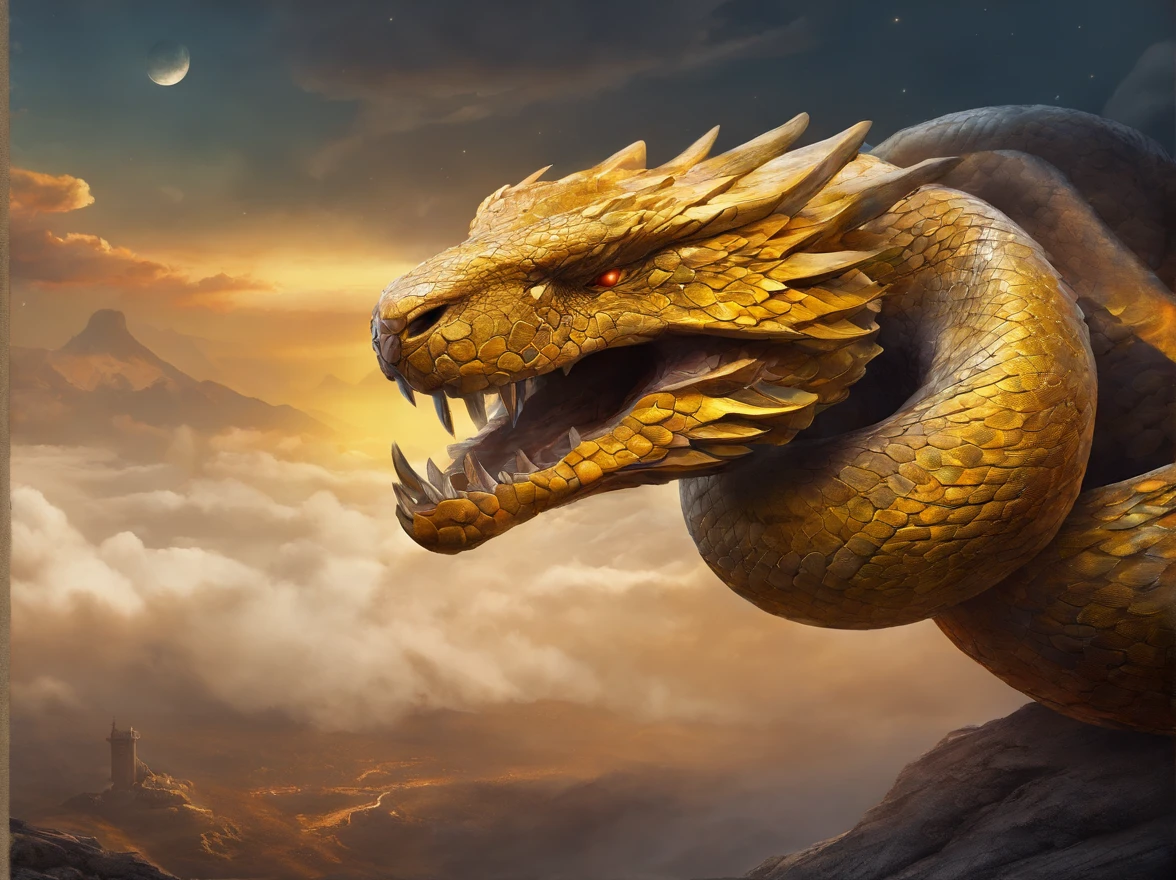 (best quality,4k,highres,masterpiece:1.2),ultra-detailed,realistic,giant snake,lifelike,glistening scales,mesmerizing patterns,huge reptile,striking eyes,sharp fangs,hissing sound,threatening presence,coiled body,ominous atmosphere,menacing creature,overwhelming size,dramatic lighting,mysterious shadows,impressive scale,immersive experience,majestic predator,awe-inspiring sight,snakeskin texture,yellow hues,delicate scales,dominant presence, greek, greek mythology