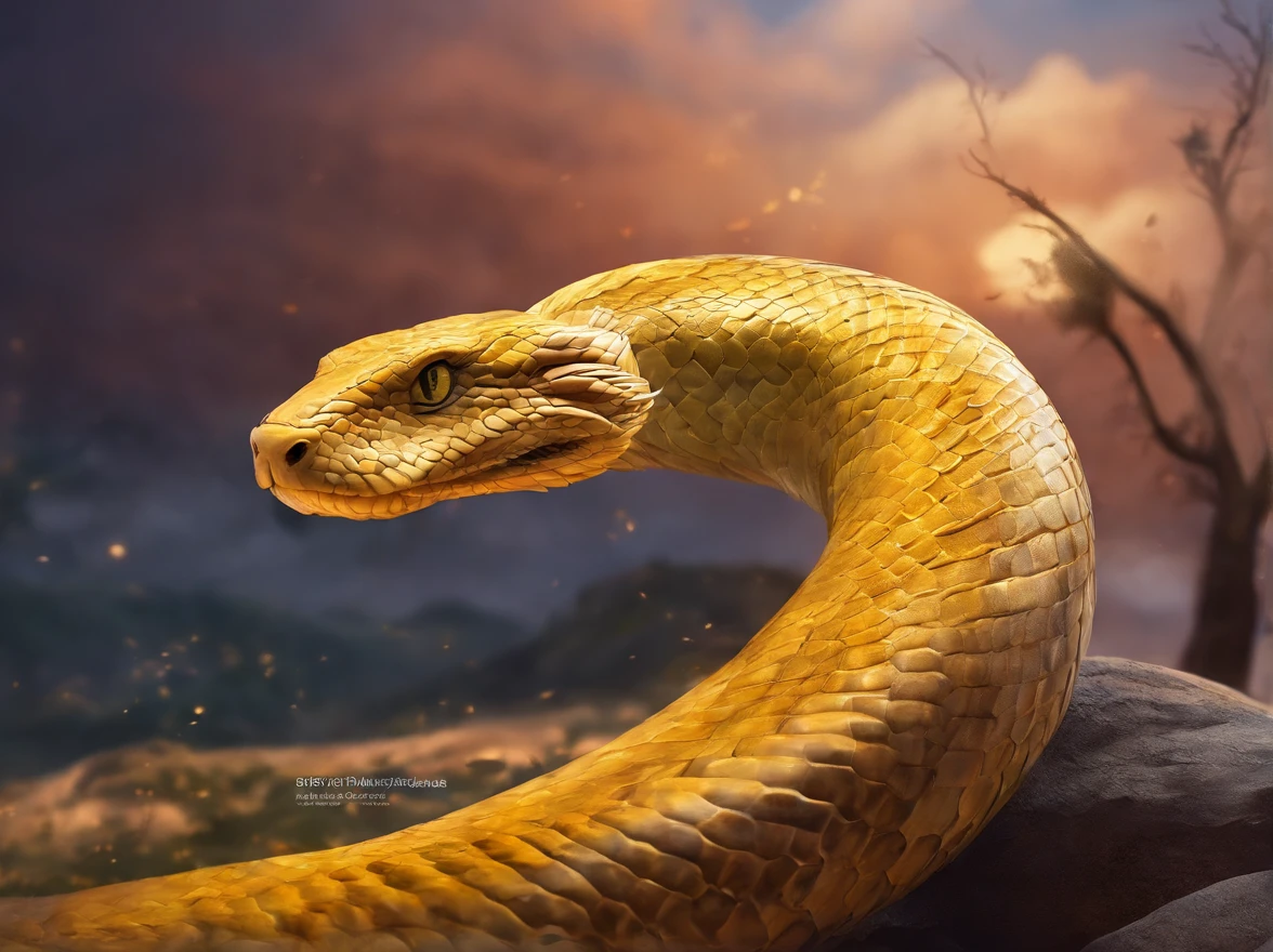 (best quality,4k,highres,masterpiece:1.2),ultra-detailed,realistic,giant snake,lifelike,glistening scales,mesmerizing patterns,huge reptile,striking eyes,sharp fangs,hissing sound,threatening presence,coiled body,ominous atmosphere,menacing creature,overwhelming size,dramatic lighting,mysterious shadows,impressive scale,immersive experience,majestic predator,awe-inspiring sight,snakeskin texture,yellow hues,delicate scales,dominant presence, greek, greek mythology