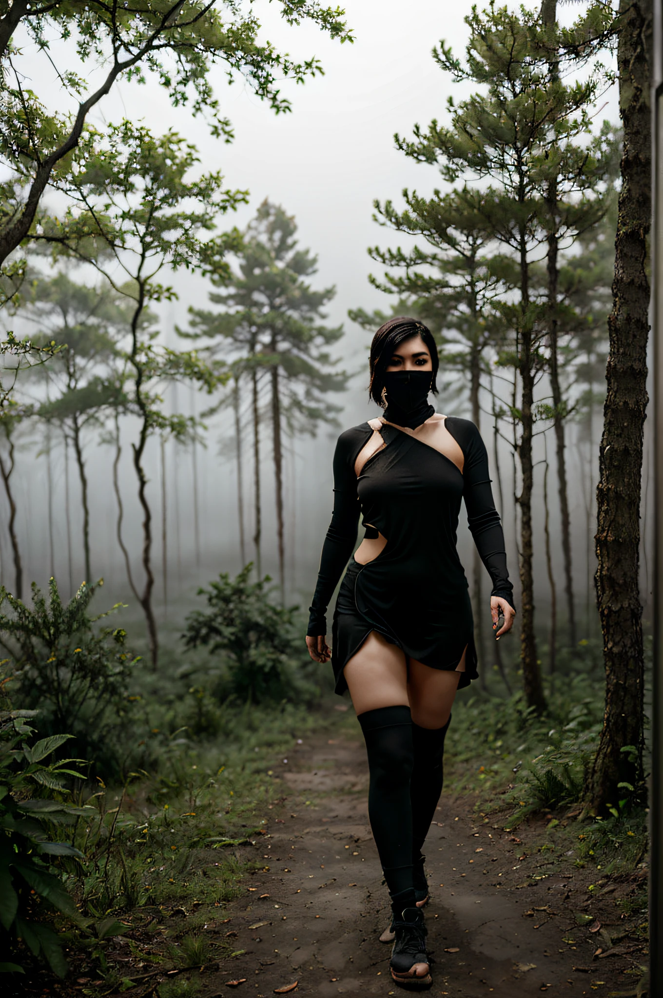 Akali, in the midst of a dense, mystical fog-filled forest, her figure barely visible, creating an air of suspense and danger. The fog plays with the shadows of her ninja outfit, revealing glimpses of her intensity. The environment is rich with ancient trees and hidden paths