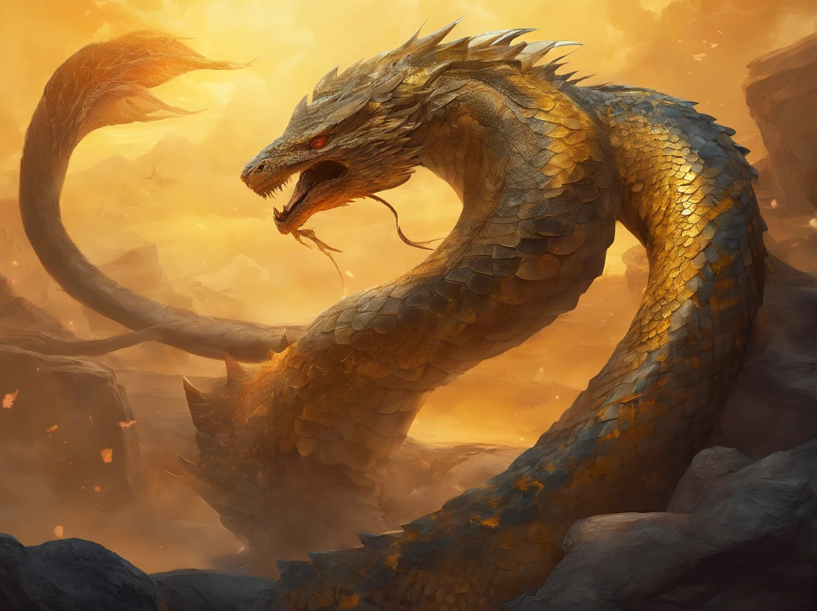 a poster of a dragon with a man standing in front of it, Dragon Chinoes fighting, Dragon Chino concept art, dragon art, Dragon in the background, dragons flying in the sky, god of dragons, chinese fantasy, dragons, Dragon Chino, Majestic Japanese dragon, by Yang J, dragons flying around, battle with the dragon, dragon oil painting, Colossal dragon as a background.
