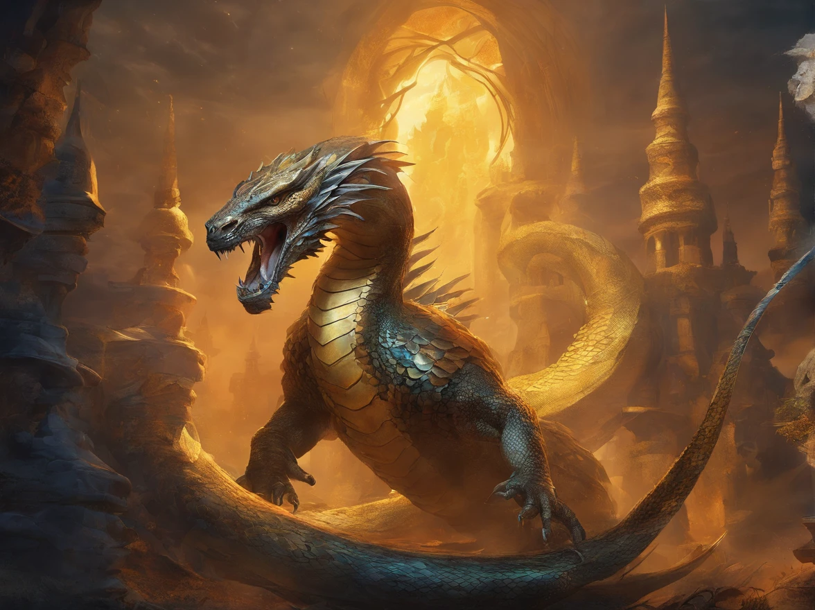 (best quality,4k,highres,masterpiece:1.2),ultra-detailed,giant snake,glistening scales,mesmerizing patterns,huge reptile,striking eyes,sharp fangs,hissing sound,threatening presence,coiled body,ominous atmosphere,menacing creature,overwhelming size,dramatic lighting,mysterious shadows,impressive scale,immersive experience,majestic predator,awe-inspiring sight,snakeskin texture,yellow hues,delicate scales,dominant presence, greek, greek mythology