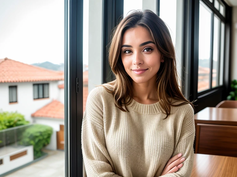 (master part), (Sharp), (batata frita), Beautiful brunette with blonde highlights wearing a beige sweater (em um quarto), (windows behind), Very detailed, 24 anos, Rosto inocente, cabelos ondulados naturais, olhos azuis, high resolution, master part, best quality, Alto detalhe intrincado, altamente detalhado, Crisp Focus, pele detalhada, textura de pele realista, textura, olhos detalhados, profissional, 4k, sorriso encantador, filmado na Canon, 85 millimeters, profundidade de campo rasa, Cor Kodak Vision, corpo de ajuste perfeito, extremamente detalhado, fotografia_\(Ultra\), photoreallistic, Realista, Post-processing, maximum details, rugosidade, vida real, Ultra realista, fotorrealismo, fotografia, 8k UHD, fotografia