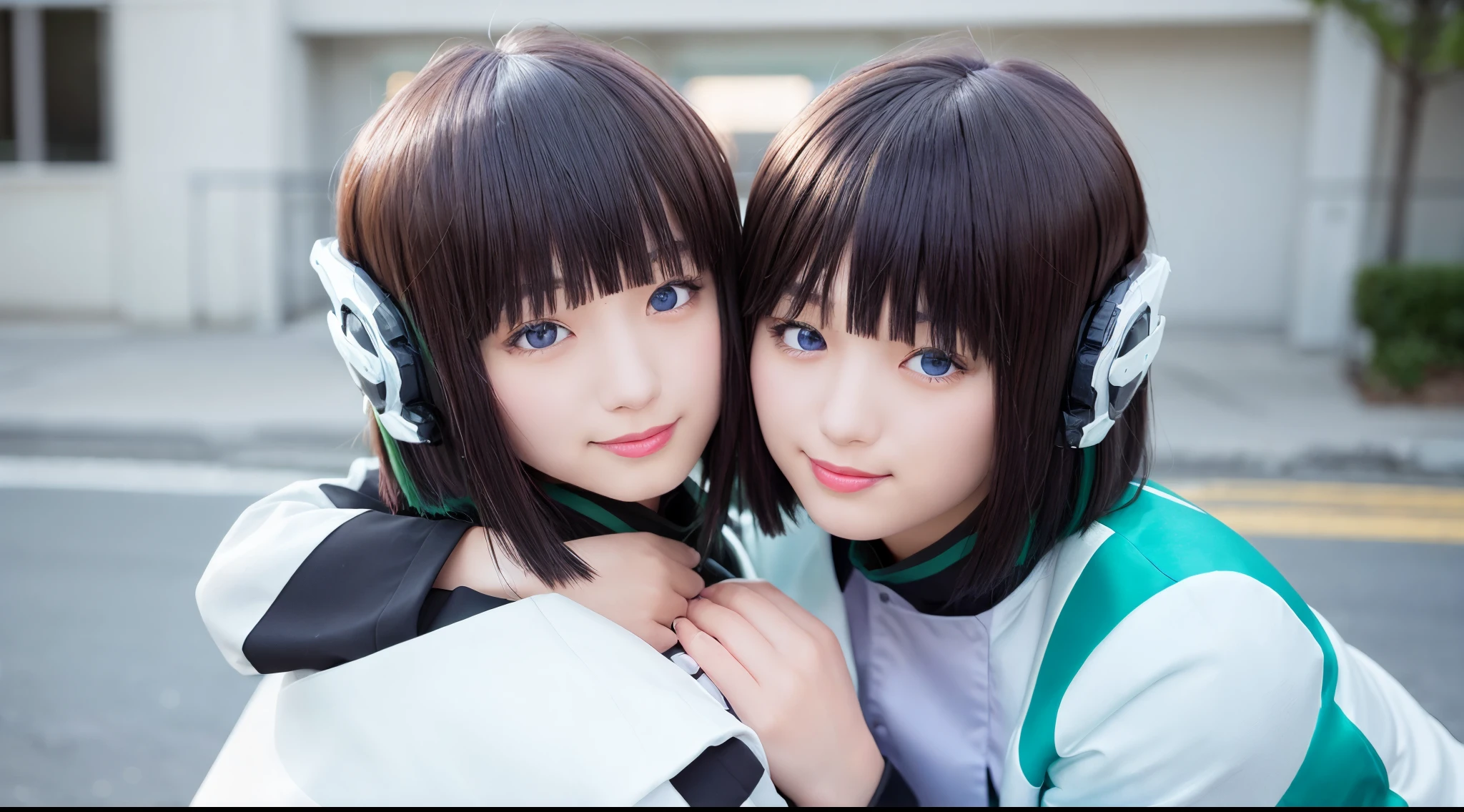 two beautiful young women hugging each other in a studio shot stock photo, two girls, two beautiful women in love, woman holding another woman, beautiful gemini twins portrait, lesbian embrace, cute girls, lesbians, two women, two models in the frame, portrait of women embracing, beautiful gemini twins, young girls, 2girl, twin, hug each other, two same girl, selfcest, twins, izu, izu_uniform, humagear, humagear_headset, headphone, realistic, skirt, jacket, solo, sitting, best quality, photorealistic, masterpiece, 8k, high res, solo, (((woman))), (very breast), ((looking at the viewer with face)), (looking at the camera:1), (short hair), bob hair, (professional lighting, bokeh),top angle view, extremely detailed face, fashionable and trendy atmosphere, japan, street, tokyo, factory, ((daytime)), (portrait:0.6), seductive and smile, gorgeous, floating hair, (light particles, lens flare, glowing particles:0.6), (dynamic pose:1.2), soft lighting, black hair, full body, smile, camera, blue eye, pantyhose, black nail