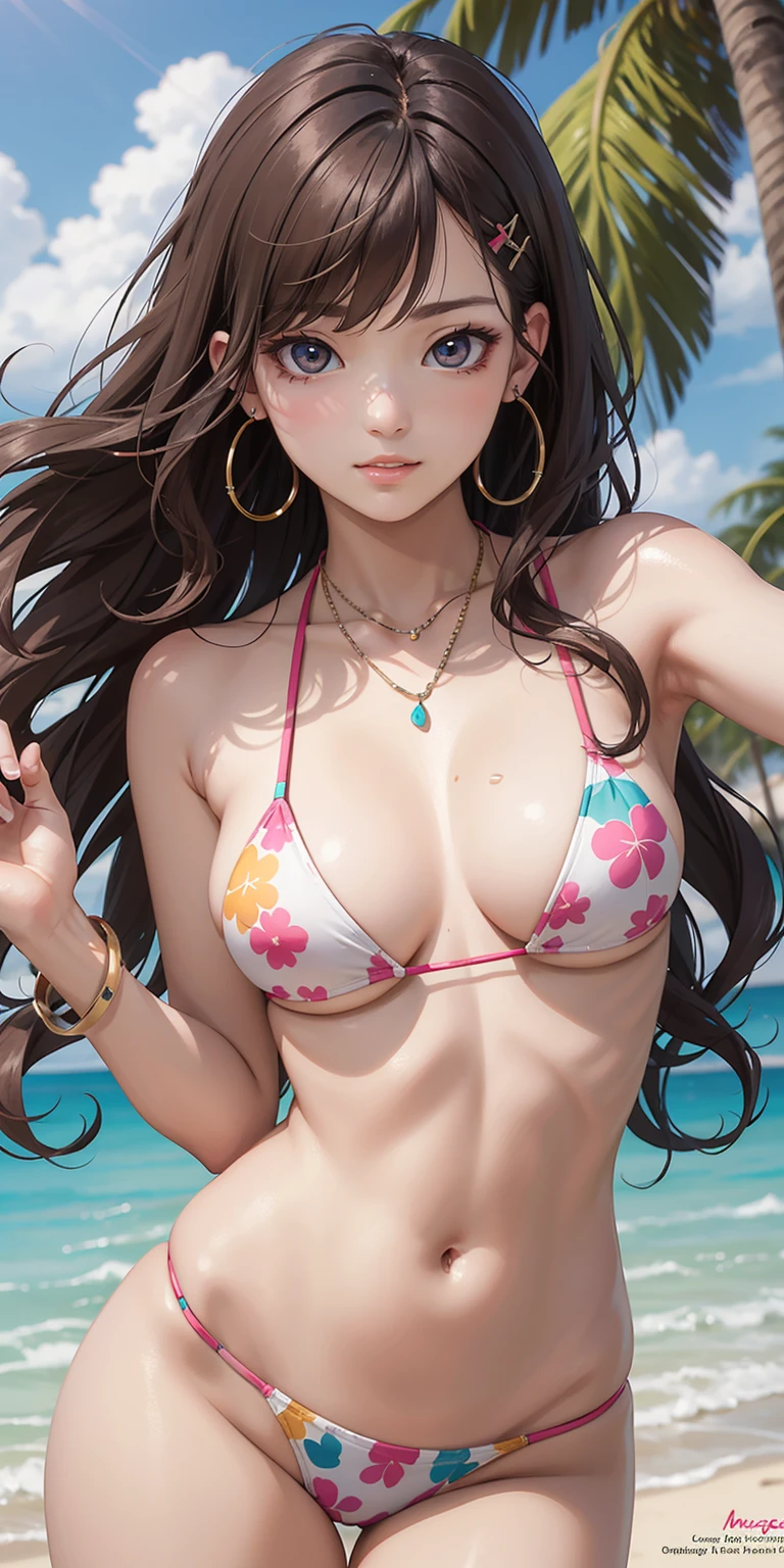 (masterpiece, best quality, ultra-detailed, photorealistic), 1 girl, curvaceous but slender body, medium wavy hair, printed colorful micro bikini, hairclip, necklace, bangles, miami beach, evening