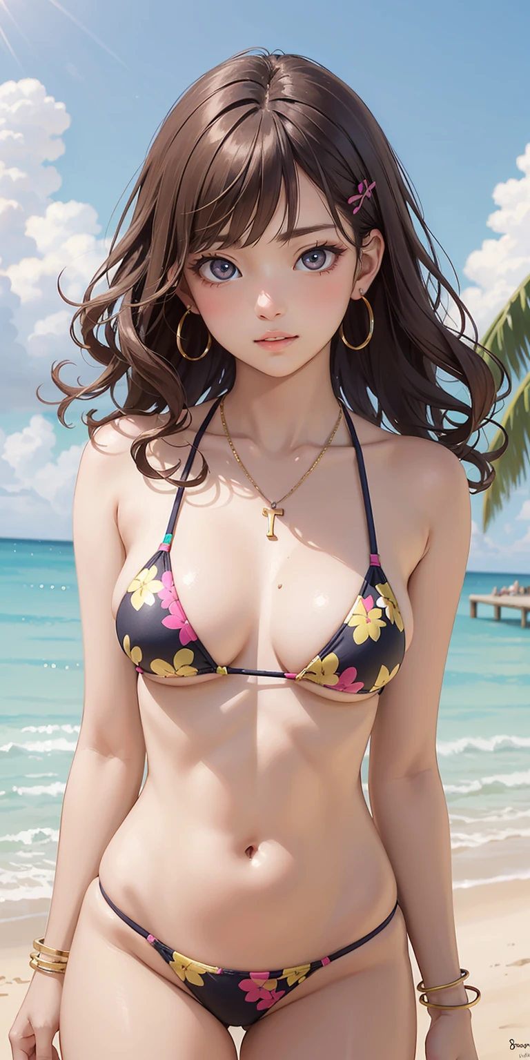 (masterpiece, best quality, ultra-detailed, photorealistic), 1 girl, curvaceous but slender body, medium wavy hair, printed colorful micro bikini, hairclip, necklace, bangles, miami beach, evening