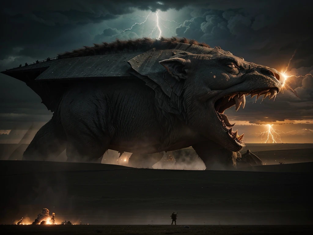 Describe an epic scene where two colossal creatures engage in an intense battle on a vast plain. The ground shakes beneath their powerful steps as they confront each other, emitting deafening roars that resonate through the environment. Each creature, with distinct and frightening characteristics, exchanges titanic blows, shaking the earth with each impact.

The sky above them reflects the intensity of the conflict, with lightning cutting through dark clouds and thunder echoing as audible witnesses to the magnitude of the battle. The once serene plain is now marked by fissures and debris resulting from the titanic clashes between these colossal beings.

Detail the ferocity of the attacks, the furious roars, and the electrically charged atmosphere as these giants vie for supremacy. Capture the grandeur of the scene and the intensity of the clash, highlighting how the landscape is transformed by this battle of epic proportions."