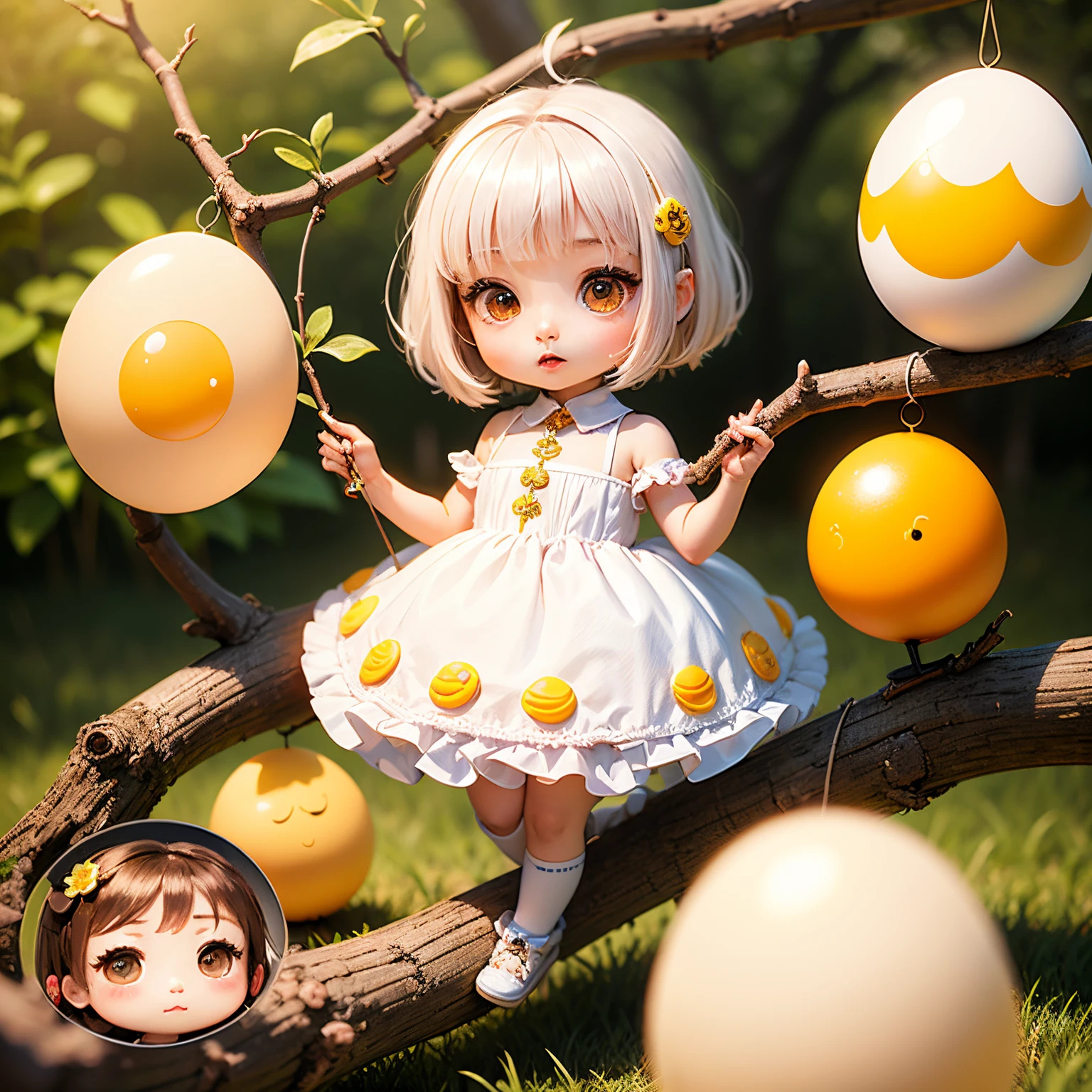 masterpiece、top-quality、ultra-detailliert、(Chibi Chara's Daughter:1.2)、fried egg dress、White Bob、multiple eggs hanging on a branch。
