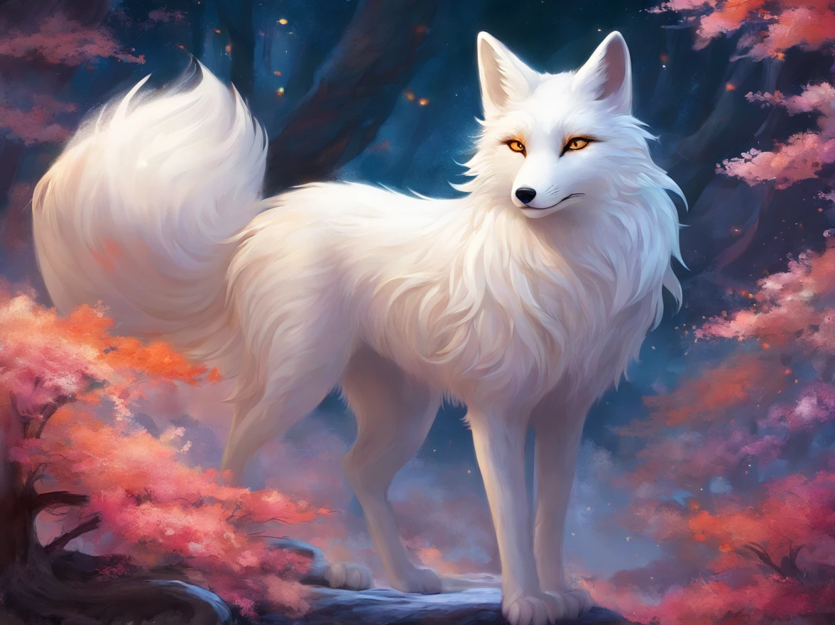 "kyuubi, white fox, nine tails fox, beautiful detailed eyes, detailed fur texture, elegant pose, vibrant colors, ethereal lighting, Japanese mythology, fantasy art, traditional painting, high resolution, professional quality"