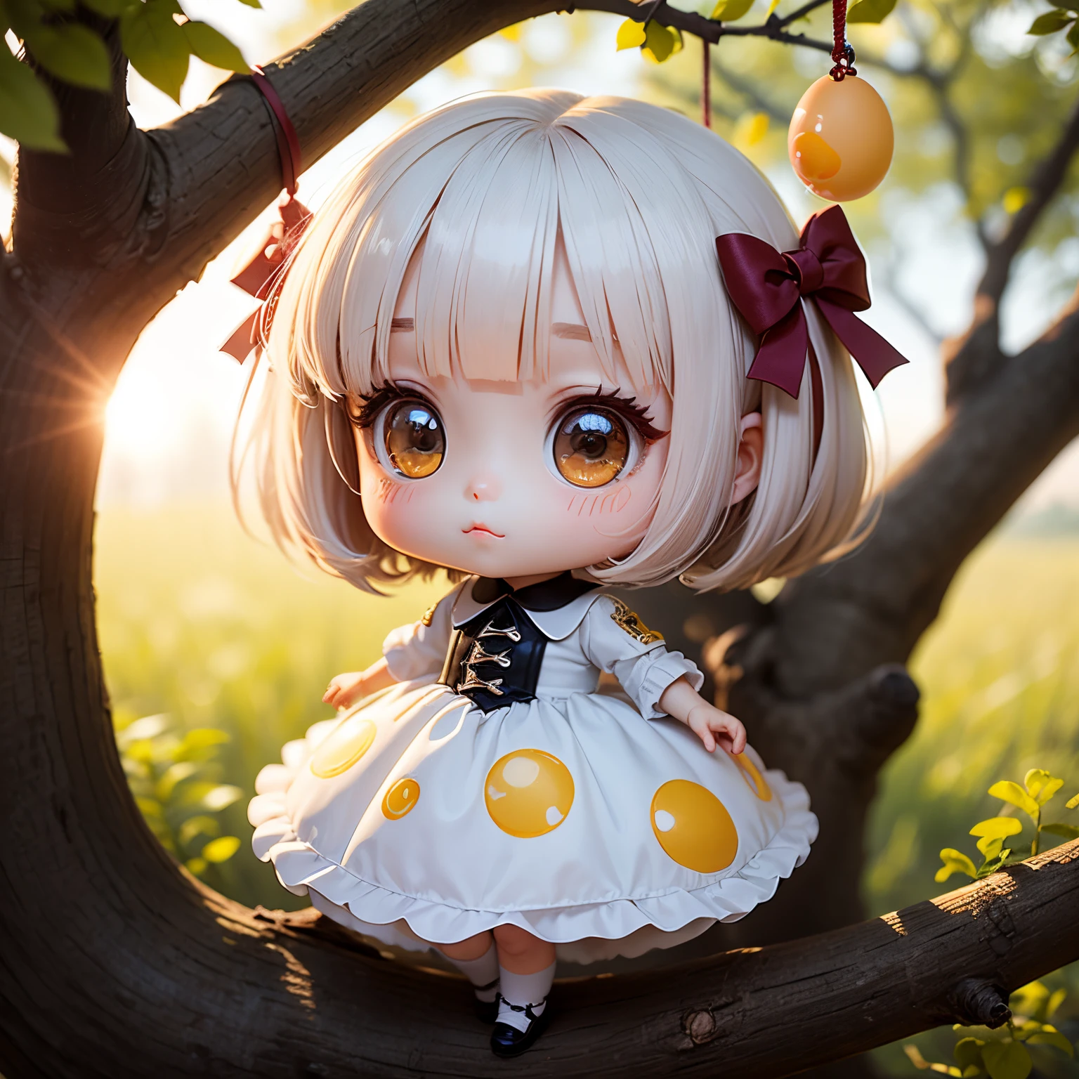 ​masterpiece、top-quality、ultra-detailliert、(Chibi Chara's Daughter:1.2)、fried egg dress、White Bob、multiple eggs hanging on a branch。