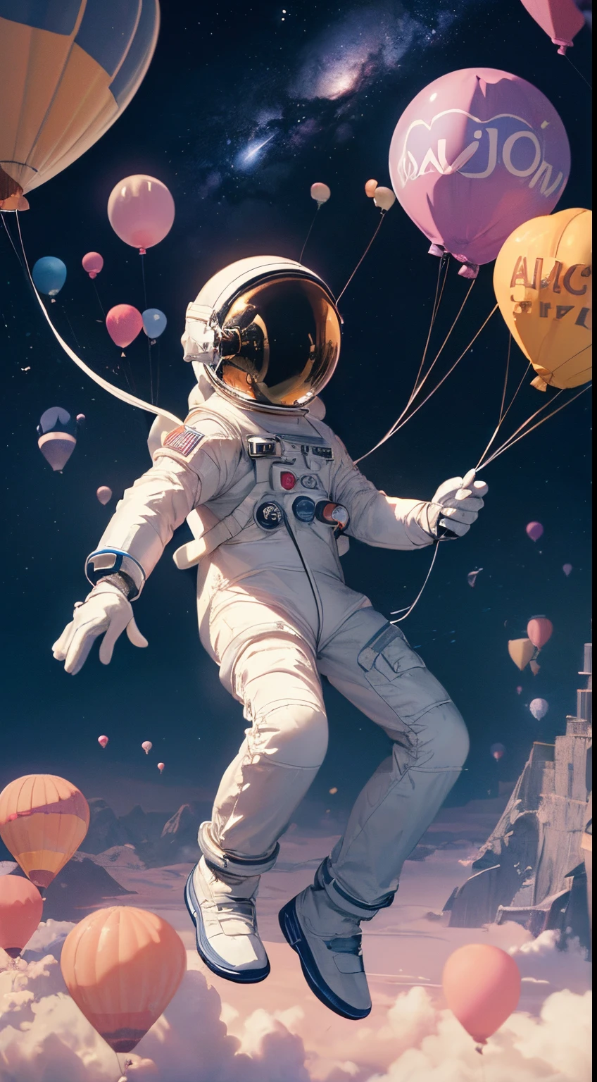 (masterpiece),(magical), (astrounaut flying with balloons:1.3),  (holding balloons:1.3), magical, (astronaut suit:1.3),  (perfect anatomy), , fantasy, (holding:1.3), (full body), deep space, dark visor, no humans, [:galaxys, cosmic, constelations :8], dream like, magical background, (floating, flying), party balloons, cinematic, surrealism, cool, dynamic