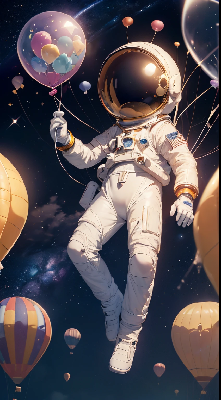 (masterpiece),(magical), (astrounaut flying with balloons:1.3),  (holding balloons:1.3), magical, (astronaut suit:1.3),  (perfect anatomy), , fantasy, (holding:1.3), (full body), deep space, dark visor, no humans, [:galaxys, cosmic, constelations :8], dream like, magical background, (floating, flying), party balloons, cinematic, surrealism, cool, dynamic