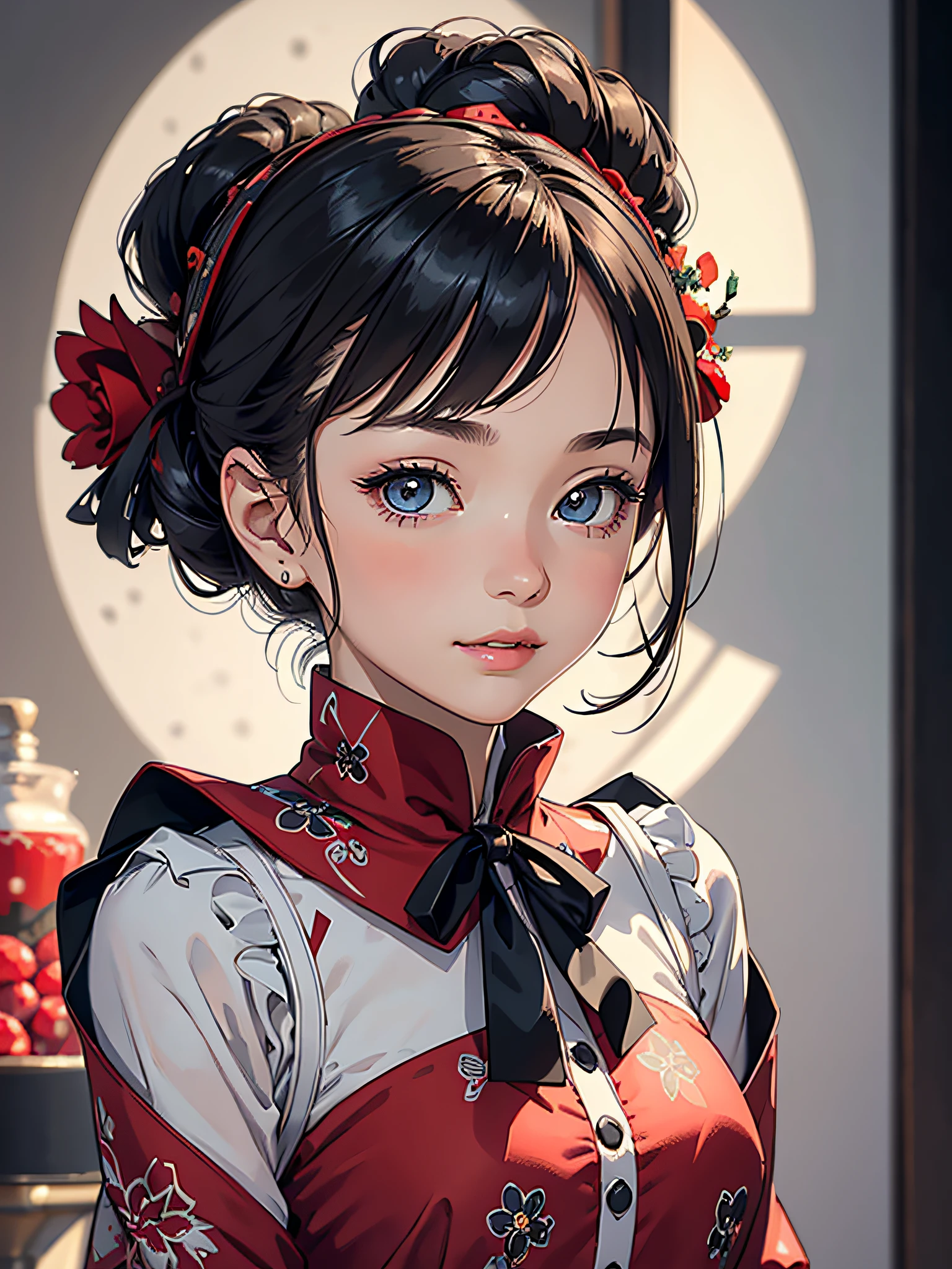 NICE,unparalleled beautiful girl,tteens detailed cute shot, pretty cool and beautiful cute face,super detailed NICE cute face, nice body, beautiful teeth, girl,whole body,(Detailed face:1.2), masterpiece, fashion,China dress,, Medium Hair, Black Hair, Twin tails, Blunt bangs, Brown eyes,
