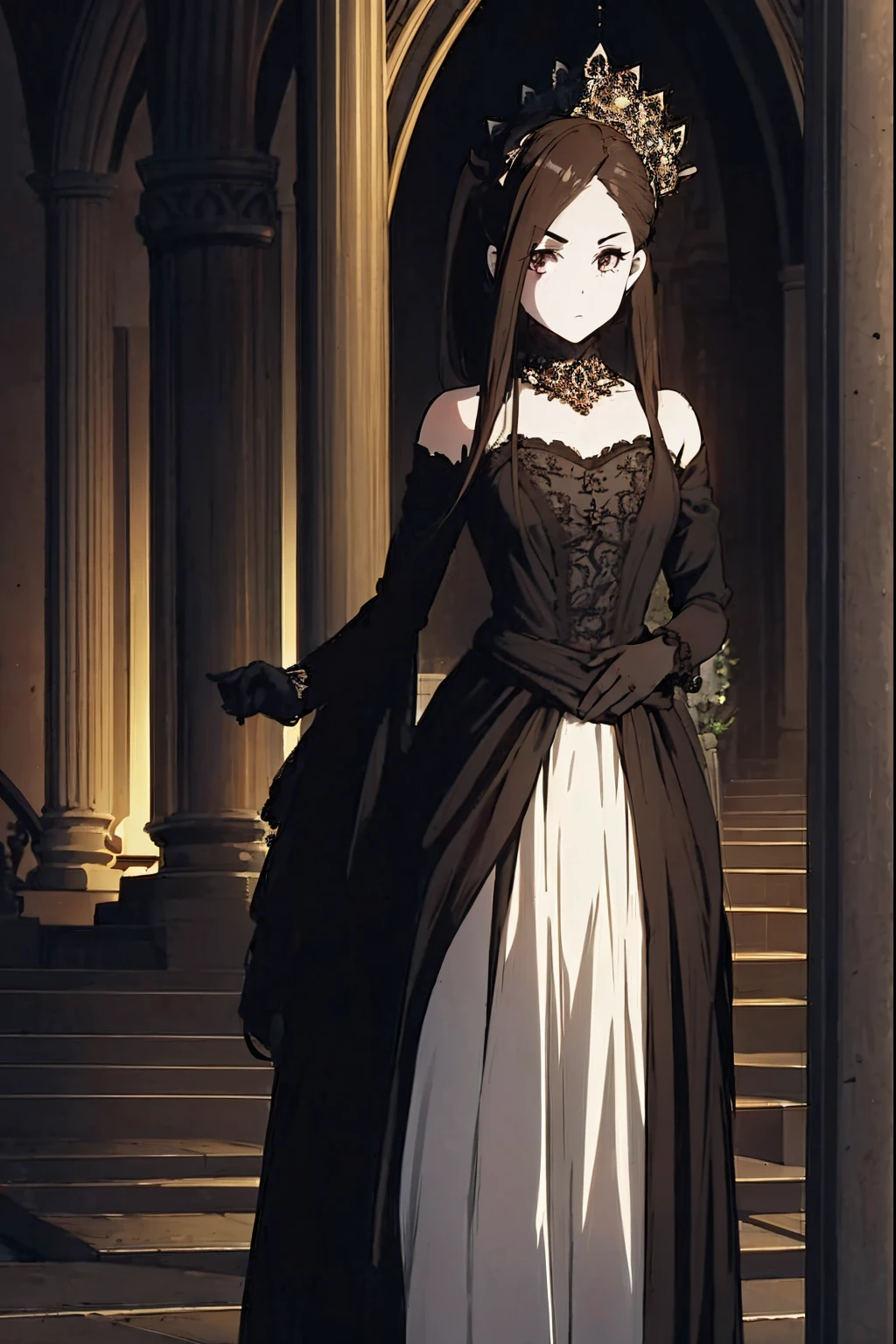 Imagino a garota de pele branca, with medium length dark brown hair, elegantemente penteado. Seus olhos castanhos transmitem uma serenidade cativante, reflecting a unique blend of calm and depth.

Ela usa uma blusa ou camisa preta, combined with a flowing skirt, maybe in gothic style, com detalhes sutis e elegantes. Os sapatos dela, em harmonia com seu visual, complement the traditional and gothic aura that it carries.

standing 1.65m de altura, She has a delicate posture and a docile facial expression, emanating a unique charm and enchanting presence.

As for the setting, pode ser um ambiente escuro, talvez um jardim noturno com arbustos esculpidos e rosas escuras em um canteiro de flores, surrounding her as if she were an integral part of this scene of gothic beauty. A Lua, com seu brilho suave, iluminaria delicadamente o lugar, destacando sua figura e acentuando o contraste entre luz e sombras.

For detailed art down to the smallest detail, seria importante capturar a textura dos tecidos, the facial expression and even the details of the dark roses around you. This image manages to convey the delicacy and strength that this Gothic character with a docile face can have..