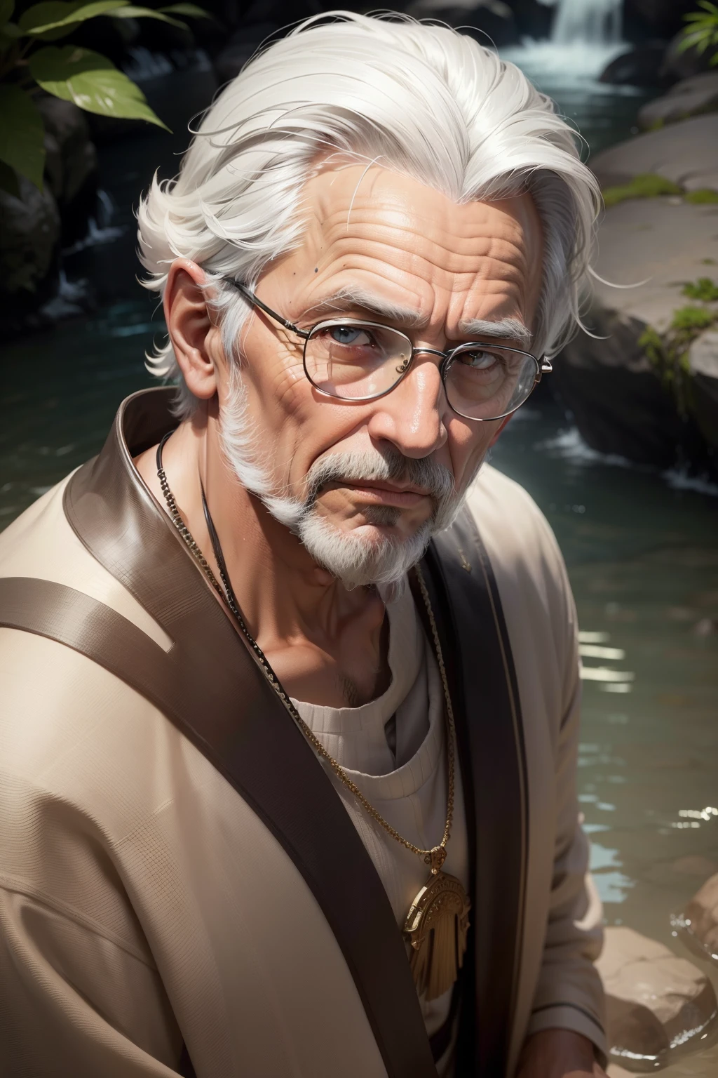 Wise Man, gray hair, posicionado para aconselhamento, Looking at camera, sentado em frente a uma cachoeira com forma realista.