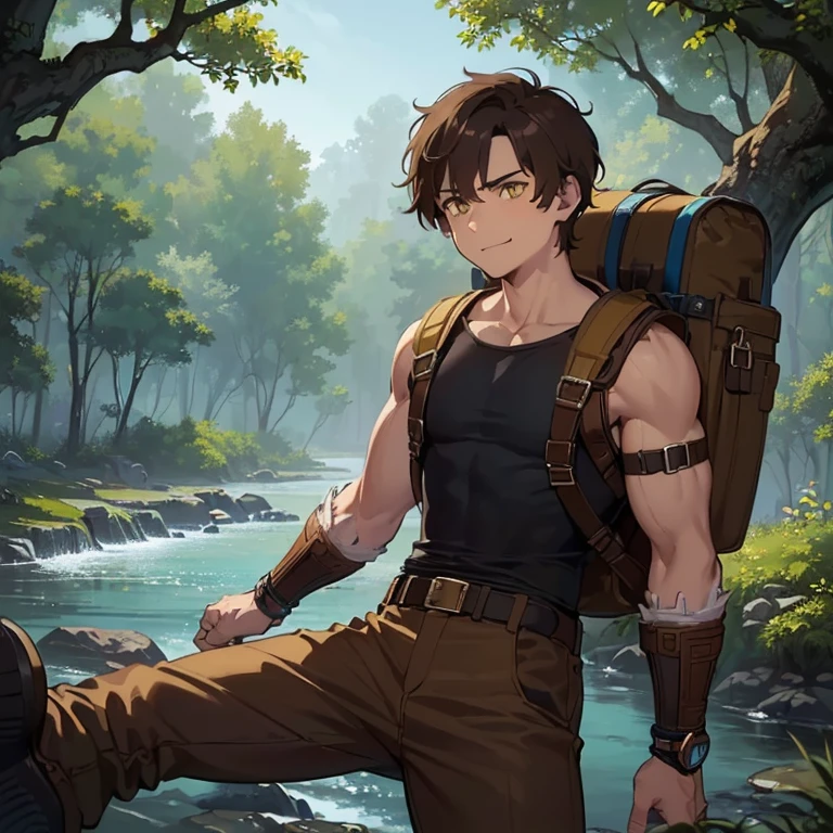 ((1 boy, brown hair, brown pants, no shirt, a bracelet on his arms, bionic left arms, a backpack on his shoulders, with a boot, with a belt with a sword)),((muscle)),(( yellow eyes, happy face)),((attacking a user, killing a user in a river in the haunted forest at night)),