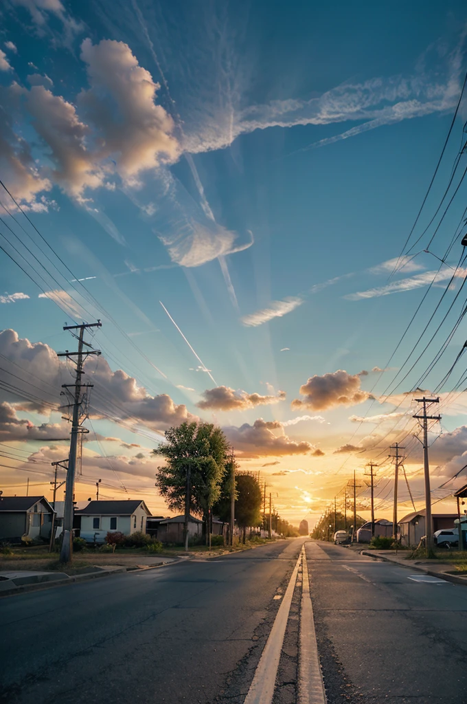 no people, scenery, cloud, sky, reflection, outdoors, sunset, caption, cloudy sky, sign, power pole, sparse very small houses, power lines, road sign, blue sky, street of a small township in northern usa, many trees, green grass, horizon, sunset, landscape, lens flare, warm colors, warm tones