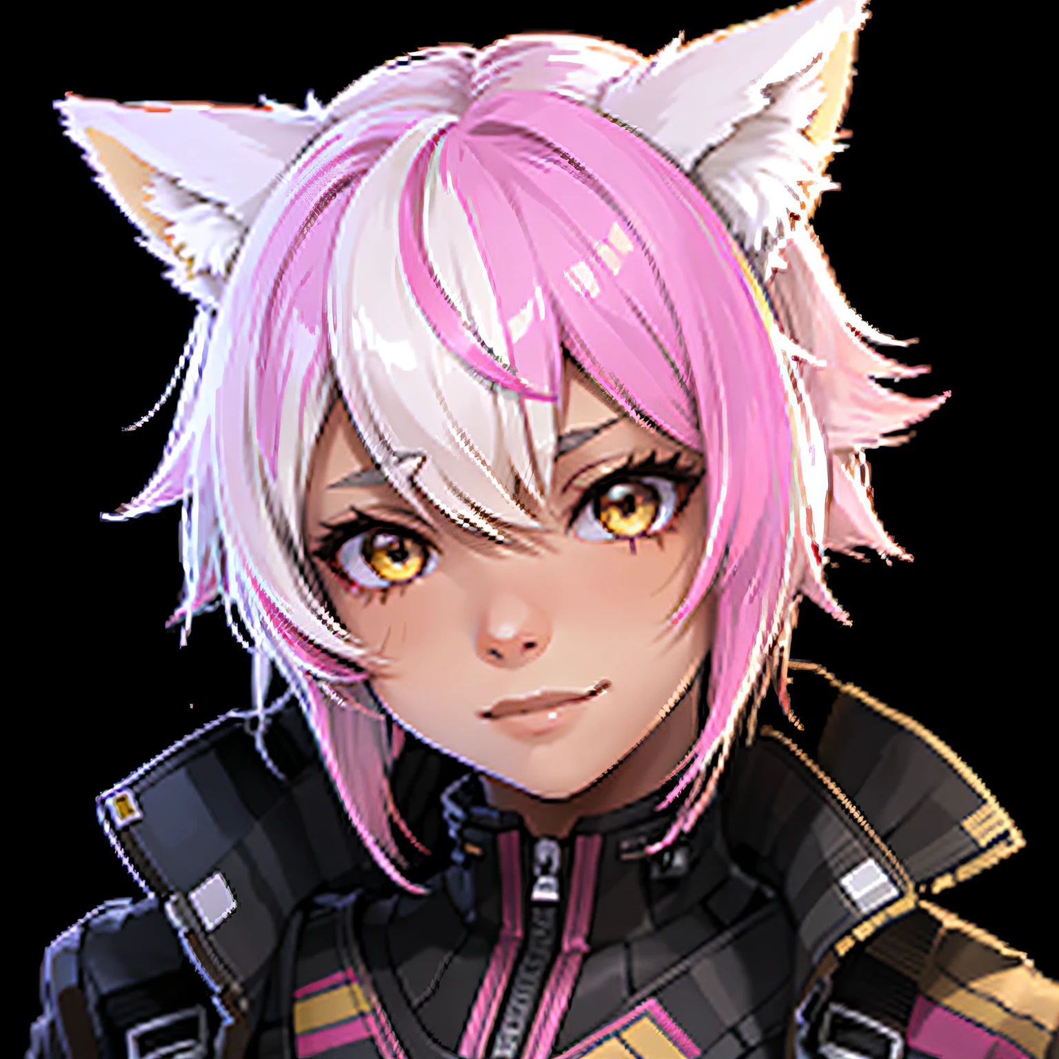 starsector, girl, yellow eyes, (pixie cut), tomboy, two-toned hair, streaked hair, pink streaks, tanned, small breasts, multicolored hair, ((portrait)), ((pink fox ears)), smirk, playful smile, pilot suit, bodysuit, ((skin tight clothes)), pink clothes, Masterpiece, Best Quality, High Definition, dark space background,