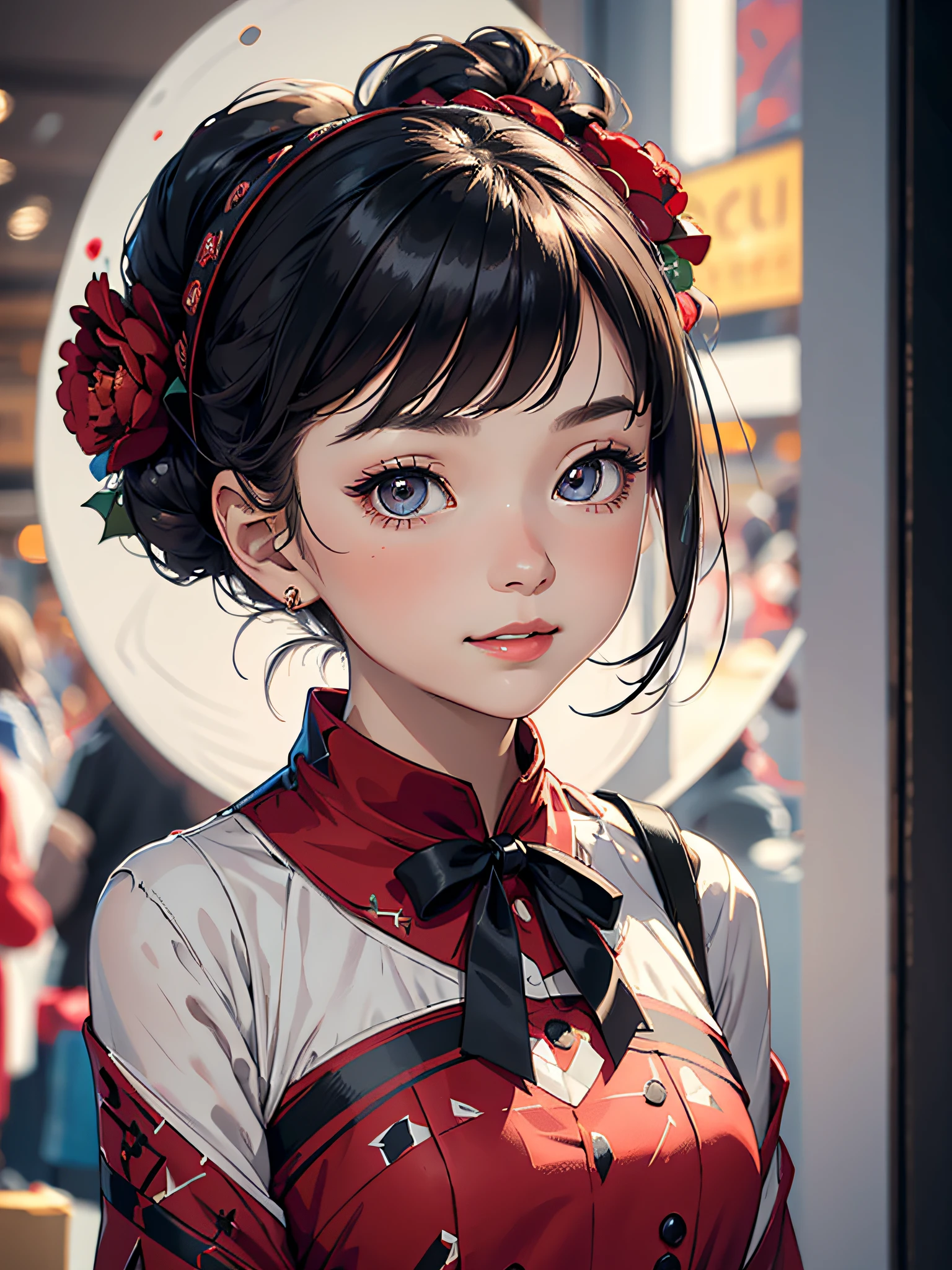 a girl,solo,masterpiece,best quality,highres,Extreme detaildelicate face,Extreme detaildelicate eyes,(face alignment),fair complexion,Exquisite hairstyle,light-colored lips,A charming smile.Strong sense of detail and layer,rich and gorgeous color,with a unique sense of texture, Rich color, color harmony, vivid painting ,design,16k,hyper detailed, abstractionism,wearing a light gray dress, printed with bouquets and red and dark gray ribbons, was paired with a red waistband and a hat decorated with small flowers for a festive winter vibe. And her hair up in an Delicate and beautiful fashion.
