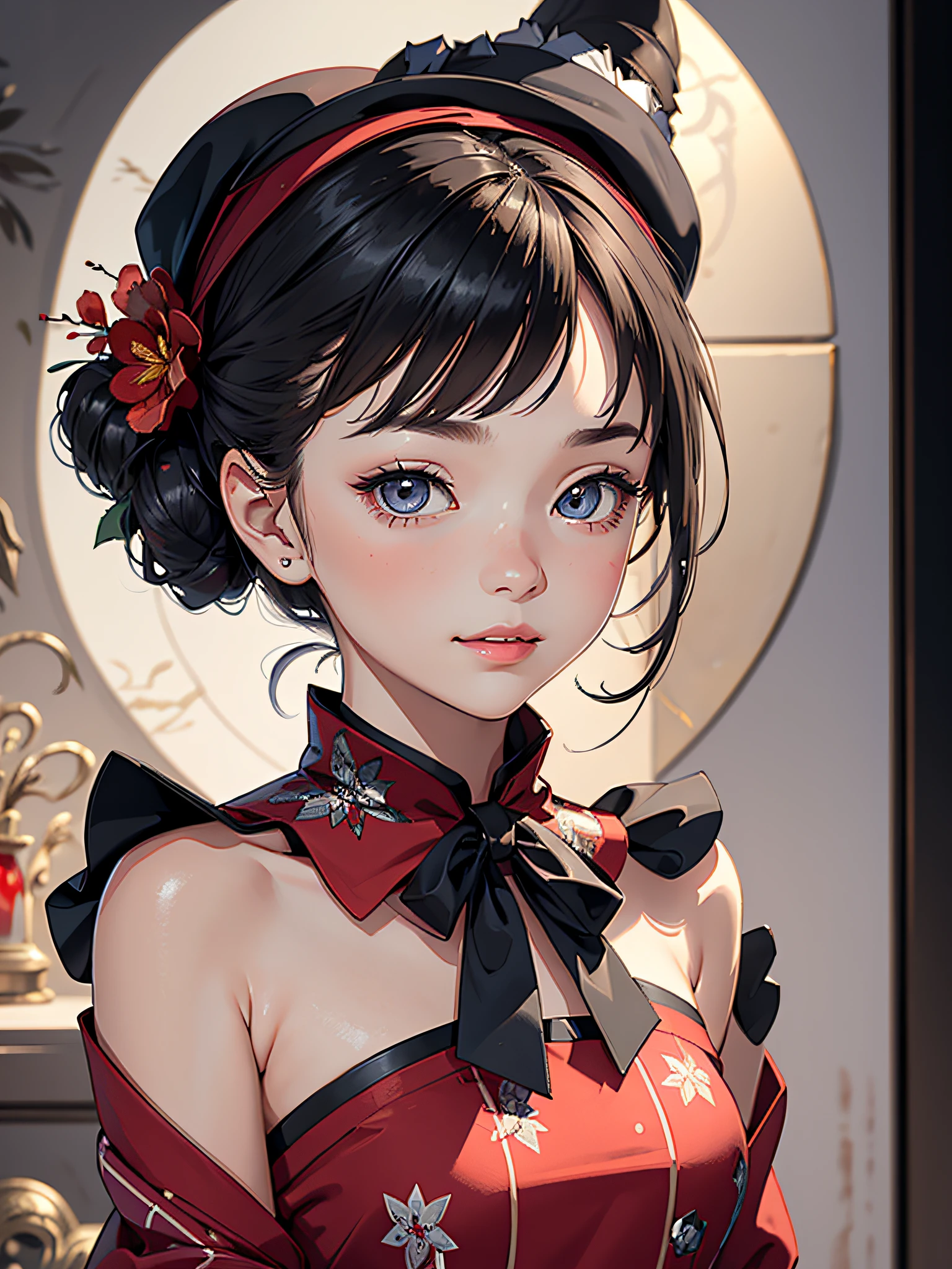 a girl,solo,masterpiece,best quality,highres,Extreme detaildelicate face,Extreme detaildelicate eyes,(face alignment),fair complexion,Exquisite hairstyle,light-colored lips,A charming smile.Strong sense of detail and layer,rich and gorgeous color,with a unique sense of texture, Rich color, color harmony, vivid painting ,design,16k,hyper detailed, abstractionism,wearing a light gray dress, printed with bouquets and red and dark gray ribbons, was paired with a red waistband and a hat decorated with small flowers for a festive winter vibe. And her hair up in an Delicate and beautiful fashion.