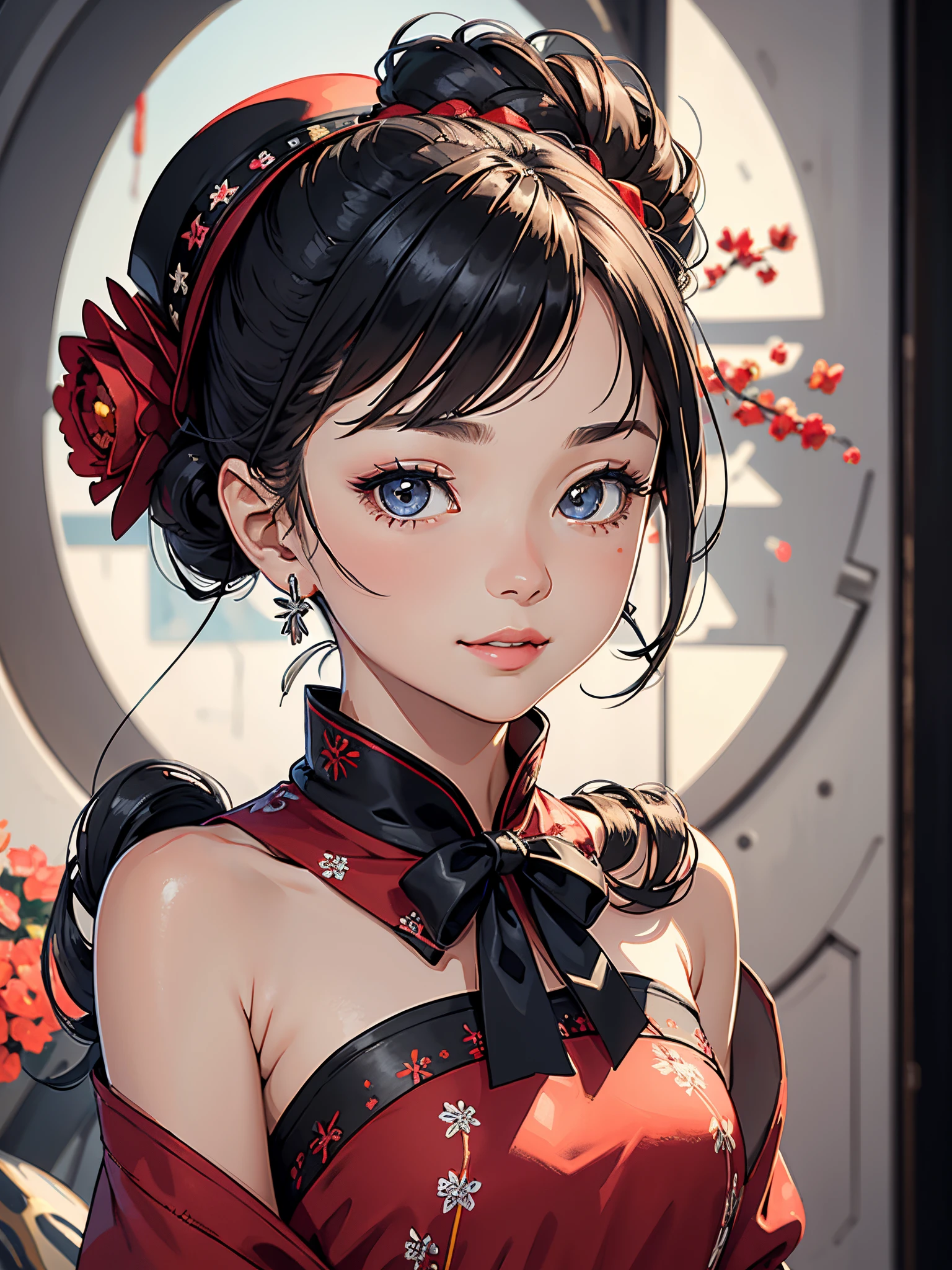 a girl,solo,masterpiece,best quality,highres,Extreme detaildelicate face,Extreme detaildelicate eyes,(face alignment),fair complexion,Exquisite hairstyle,light-colored lips,A charming smile.Strong sense of detail and layer,rich and gorgeous color,with a unique sense of texture, Rich color, color harmony, vivid painting ,design,16k,hyper detailed, abstractionism,wearing a light gray dress, printed with bouquets and red and dark gray ribbons, was paired with a red waistband and a hat decorated with small flowers for a festive winter vibe. And her hair up in an Delicate and beautiful fashion.