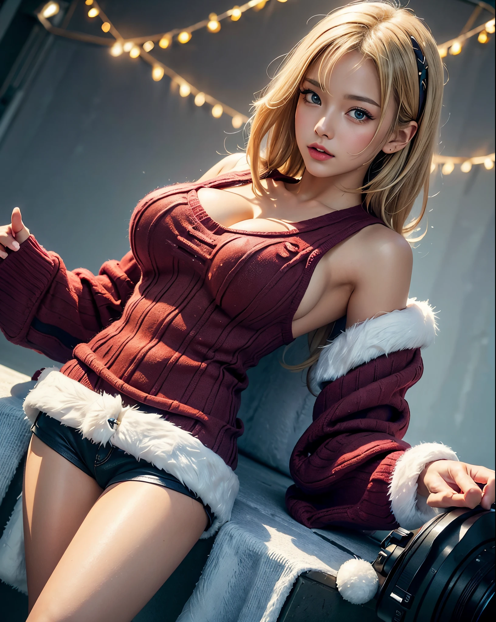 (1girl), blonde, big boobs,(masterpiece), best quality, extremely detailed, (watercolor), bloom, delicate and beautiful, illustration, (from below),(1girl:1.4), (solo:1.2), large breasts, (ribbed sweater:1.3), off-shoulder sweater, (short shorts:1.2), bare shoulders, (underboob:1.2), ((dark skin:1.2)), beautiful eyes, (disheveled hair ), photography, over-the-shoulder shot, by Alex Maleev, professional, canon camera, nikon camera, sharp, bokeh, studio quality, fisheye lens, by Robert Capa , ((christmas theme:1.2)), blue tube