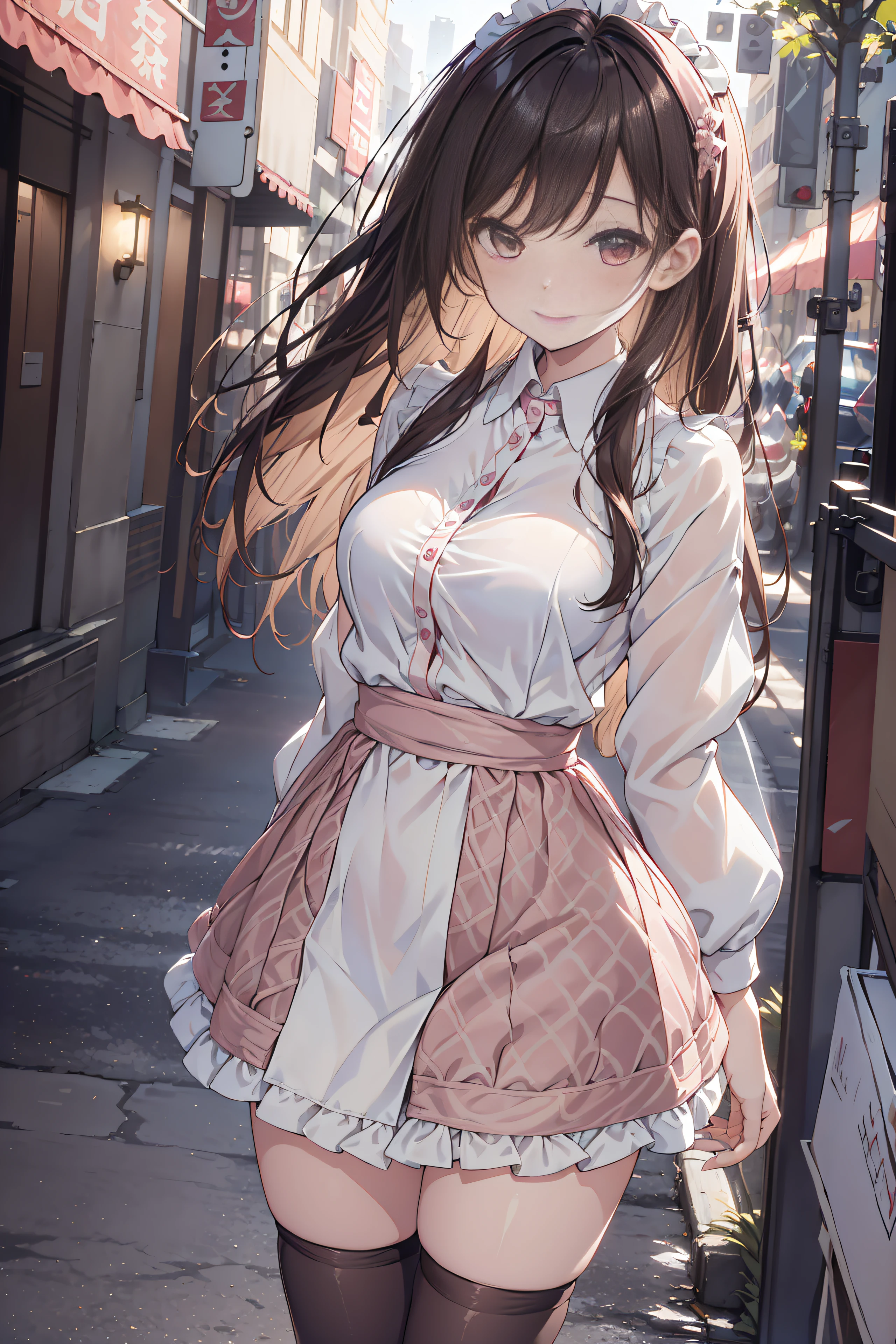 People from Scusbrook, Sukesbrook,(Maid costume)、flered skirt、fishnet tights、(masutepiece:1.2), (Best Quality:1.2), Perfect eyes, Perfect face, 1girl in, Solo, Brown eyes, (medium breasts), breasts of medium size,,, Sleep in bed, Smiling、Shy laughter、spreading arms widely、Pink lace panties