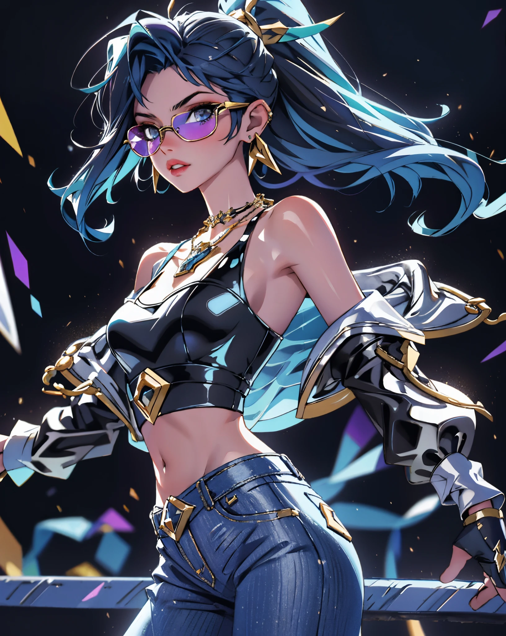 best quality, 1 girl, solo, long hair, breasts, looking at the audience, sunglasses, brunet, gloves, navel, jewelry, room, bare shoulders, blue hair, floating strands, denim lens, earrings, split sleeves, mid-beldomen, pants, necklace, lips, black pants, asymmetrical hair, nose, k/da \ (League of Legends),
