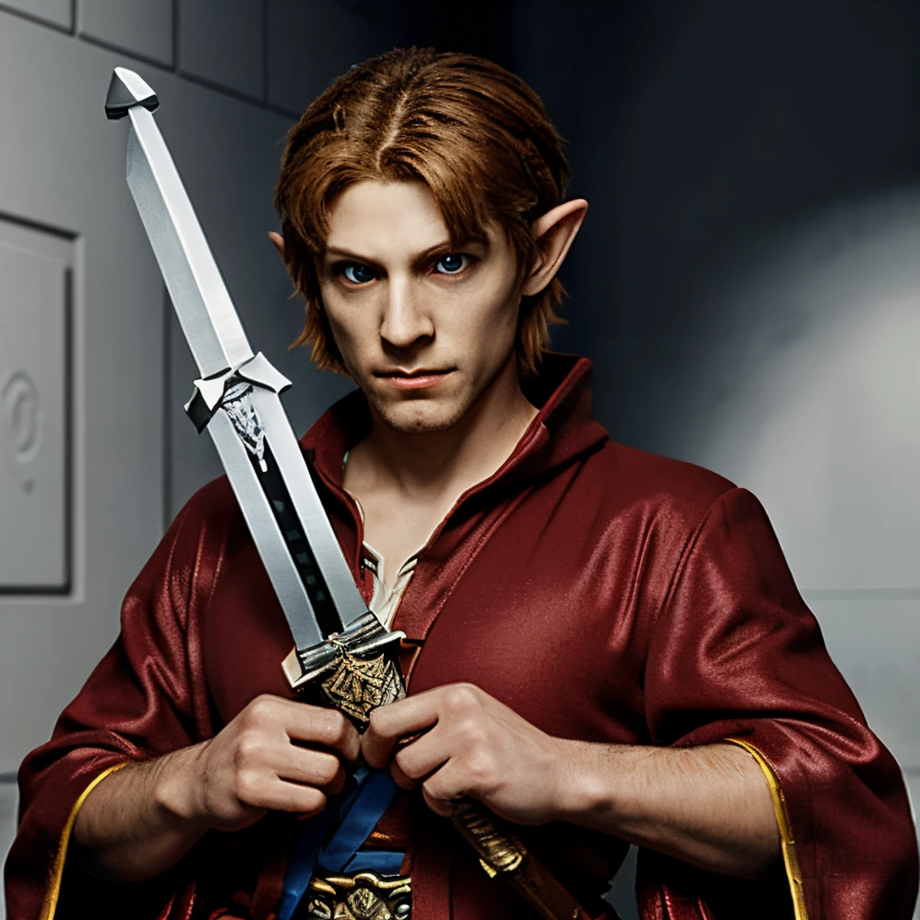 link del juego Zelda, in 8-bit wielding the master sword with his red robe
