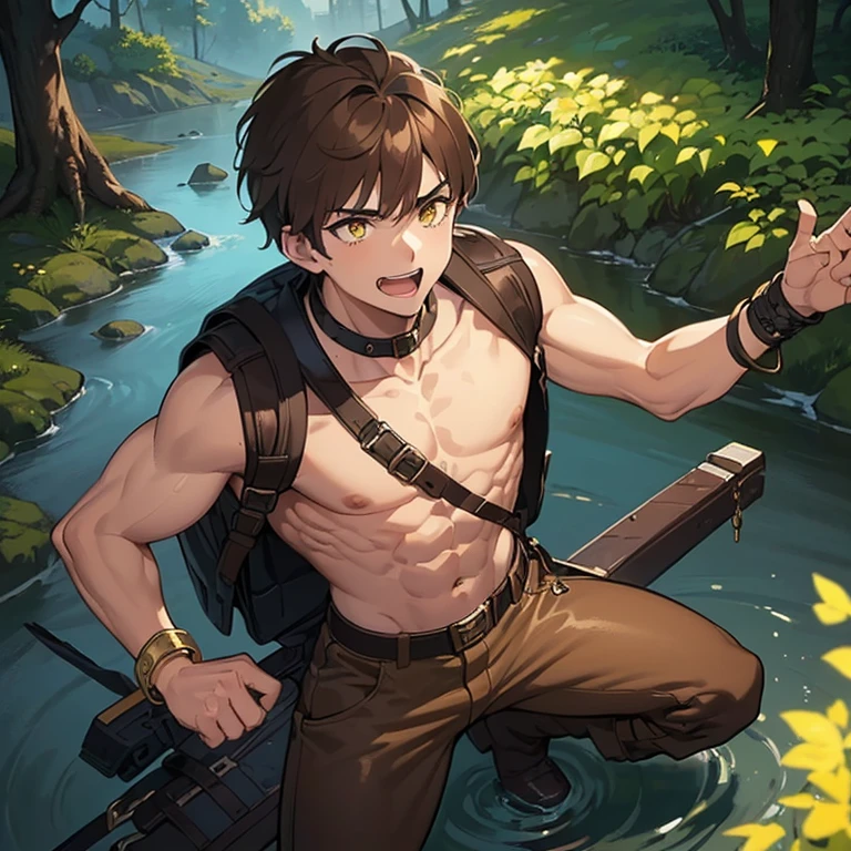 ((1 boy, brown hair, brown pants, no shirt)),((a bracelet on his arms, bionic left arms)), a backpack on his shoulders, with a boot, with a belt with a sword)),((muscle)),(( yellow eyes, happy face)),((attacking a user, killing a user in a river in the haunted forest at night)),