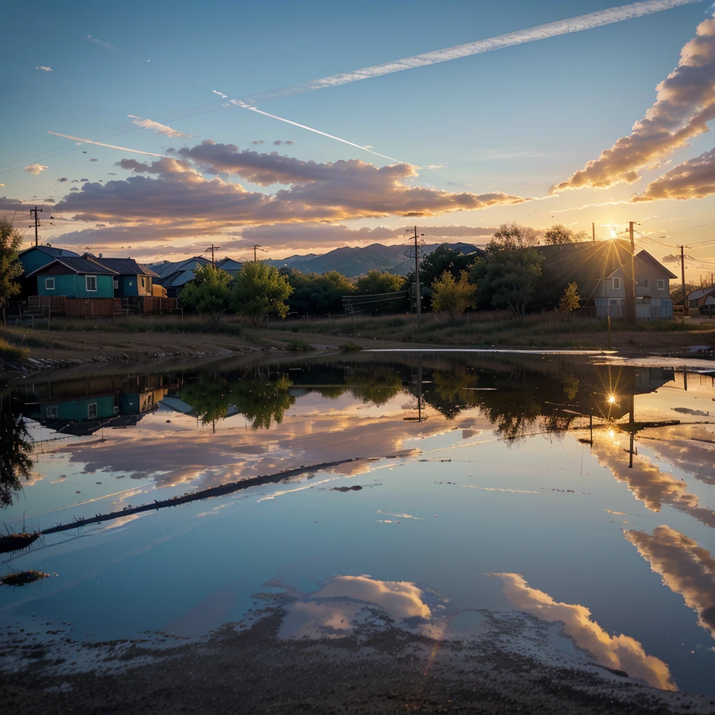no people, scenery, cloud, sky, reflection, outdoors, sunset, caption, cloudy sky, sign, power pole, sparse very small houses, power lines, road sign, blue sky, street of a small township in northern usa, many trees, green grass, horizon, sunset, landscape, lens flare, warm colors, warm tones