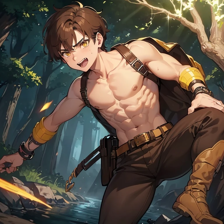 ((1 boy, brown hair, brown pants, no shirt)),((a bracelet on his arms, bionic left arms)), a backpack on his shoulders, with a boot, with a belt with a sword)),((muscle)),(( yellow eyes, happy face)),((attacking a user, killing a user in a river in the haunted forest at night)),