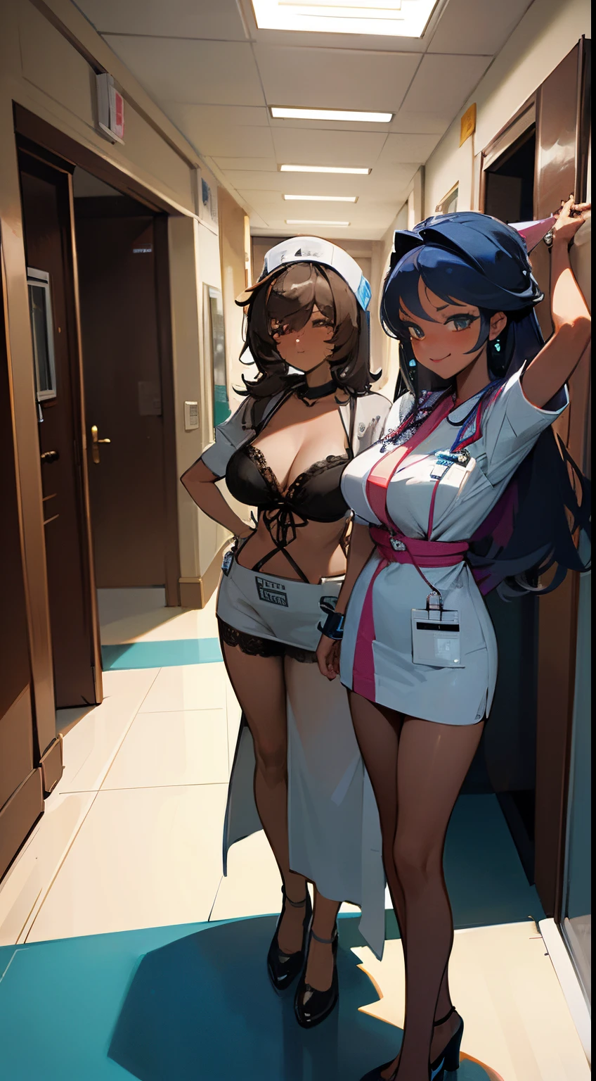 Imagem de melhor qualidade possivel ultra realista fotografia realista; medical clinic, sala de atendimento; three beautiful nurses, different ethnicities and races, usando apenas jaleco com grandes decotes que mostram lingerie sexy, They have a stethoscope, At the service counter we see the attendant, uma linda mulher negra vestindo lingerie sexy, local muito bem iluminado, several utility rooms in the hallway, janelas de vidro, porta de entrada de vidro