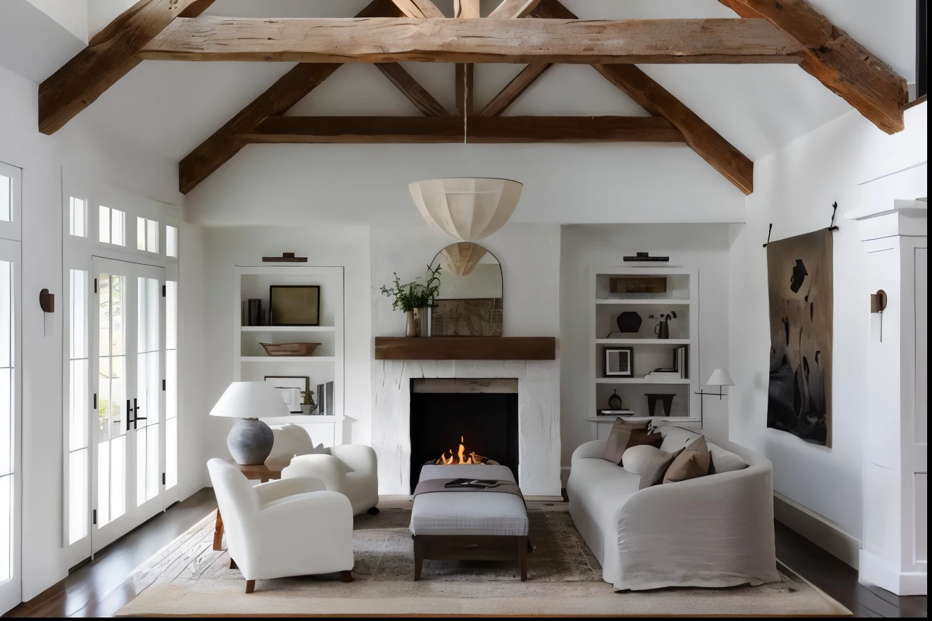 teto arafado com vigas expostas e lareira na sala de estar, Tetos altos, Teto alto arqueado, Estilo sereno e tranquilo, Teto abobadado, Flawless and clean design, Modern rustic, Teto arqueado, colocado em uma grande sala de estar, em uma sala de estar, luz natural no quarto, estilo de design de interiores popular, teto arredondado, high ceilings, teto alto, Christmas decoration, Christmas tree, presentes na sala
