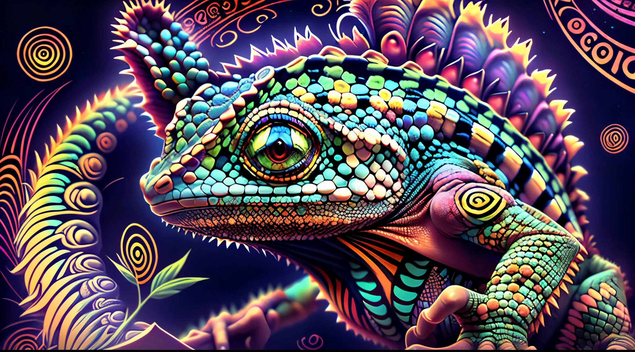 Generate a visually striking image of a multicolored chameleon with an Aztec and psychedelic theme. Incorporate Aztec-inspired patterns and a vibrant, psychedelic color palette to create a captivating representation of the chameleon, blending the natural essence of the creature with the artistic and cultural elements of the Aztec theme.