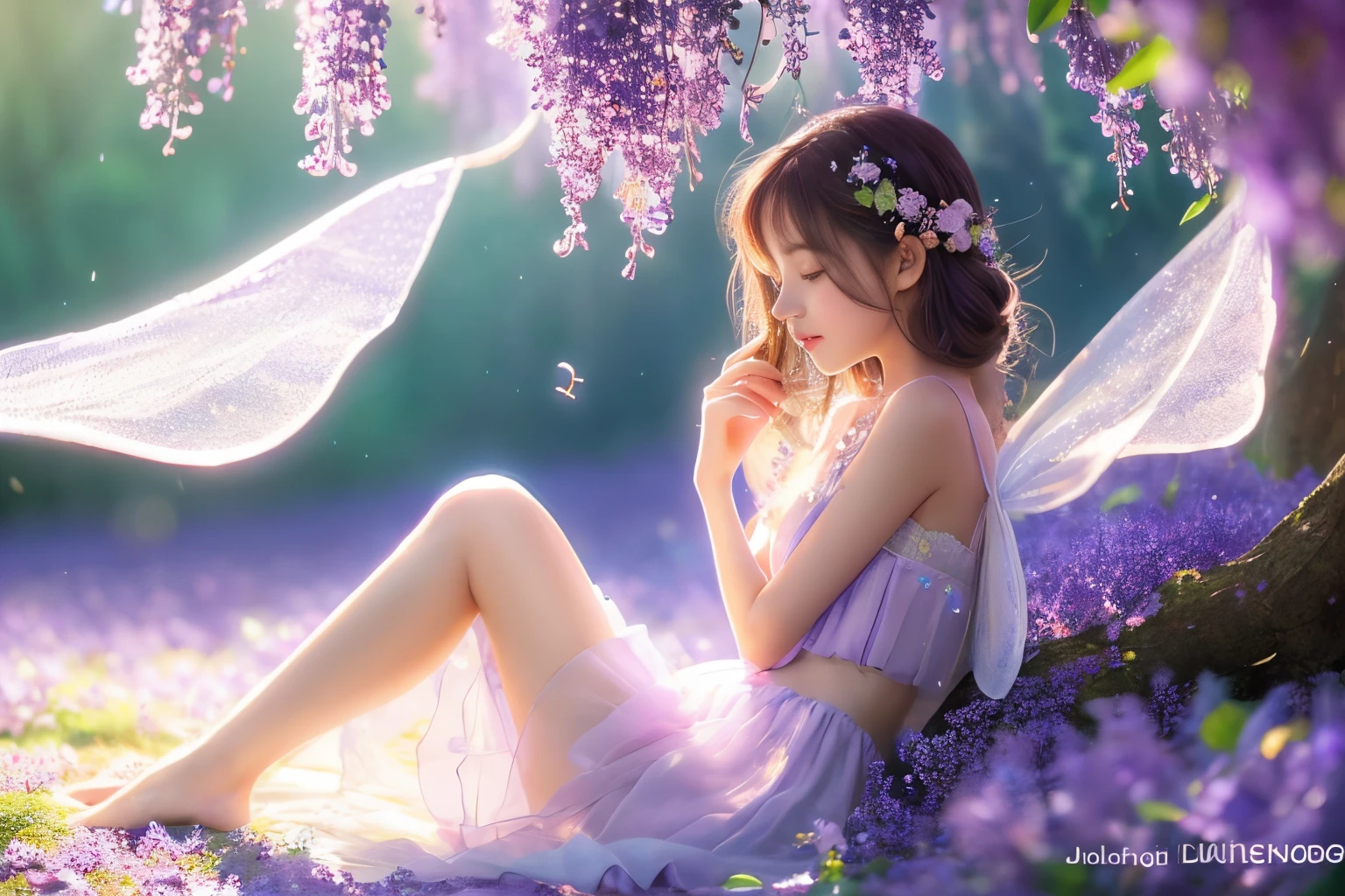 Underneath a violet flower, a small fairy taking a break.illustration,full body, detailed figure,dreamy atmosphere,shimmering wings,soft glowing light,best quality,crisp focus,ultra-detailed,fairy,delicate features,vibrant colors,soft pastel tones,sparkling dewdrops.