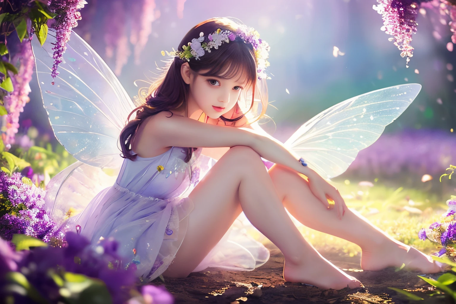Underneath a violet flower, a small fairy taking a break.illustration,full body, detailed figure,dreamy atmosphere,shimmering wings,soft glowing light,best quality,crisp focus,ultra-detailed,fairy,delicate features,vibrant colors,soft pastel tones,sparkling dewdrops.