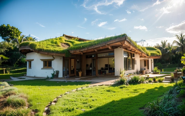 A photograph of a symmetrical a splendid contemporary house with (((waved green roof))) and (((biological pool))) in a tropical backyard, mustard yellow terracota plaster walls (((rustic clay stucco))), ((corner walls rounded)), ((rustic clay plaster)), (((terracotta walls with rounded corners, organic curves))), (((rustic earth plaster, mud))), (((wave-shaped green roof with wooden edge))), (((wooden roof structure, wooden rake, wooden fascia board))), eaves, porch with wooden pillar, ((roof with wooden structure)), In Bali (((Tropical garden))), ((natural houses, organic buildings, organic architecture)), Ecovillage, sustainable architecture, Bioconstruction architecture, solarpunk architecture, (((grass roof, green roof, green wave roof, rounded roof, vegetated roofs))), ((green architecture)), Passive house, (((Rock Foundation))), Clear sky in the background, painful beauty, modern, imposing, green house, ((Bali hobbit Hadid Style)), super resolution, cinematic, color grading, editorial photography, photography, photo shoot, (((dramatic front eye top angle view))), O 50mm, depth of field, intricate details, natural colors, sharp focus, warm light, shutter speed 1/1000, F/22, White Balance, Ray Trace Reflections, Lumen Reflections, Screen Space Reflections, Diffraction Rating, Chromatic Aberration, GB Shift, Partial Lighting, Backlighting, Daylighting, Scan Lines, ambient occlusion, antialiasing, shaders, OpenGL-Shaders, GLSL-Shaders, Post-processing, post-production, shading, tone mapping, incredibly detailed and complex, hypermaximalist, elegant, hyperrealistic, super detailed, dynamic pose, Fujifilm XT