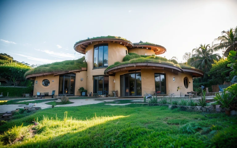 A photograph of a symmetrical a splendid contemporary house with (((waved green roof))) and (((biological pool))) in a tropical backyard, mustard yellow terracota plaster walls (((rustic clay stucco))), ((corner walls rounded)), ((rustic clay plaster)), (((terracotta walls with rounded corners, organic curves))), (((rustic earth plaster, mud))), (((wave-shaped green roof with wooden edge))), (((wooden roof structure, wooden rake, wooden fascia board))), eaves, porch with wooden pillar, ((roof with wooden structure)), In Bali (((Tropical garden))), ((natural houses, organic buildings, organic architecture)), Ecovillage, sustainable architecture, Bioconstruction architecture, solarpunk architecture, (((grass roof, green roof, green wave roof, rounded roof, vegetated roofs))), ((green architecture)), Passive house, (((Rock Foundation))), Clear sky in the background, painful beauty, modern, imposing, green house, ((Bali hobbit Hadid Style)), super resolution, cinematic, color grading, editorial photography, photography, photo shoot, (((dramatic front eye top angle view))), O 50mm, depth of field, intricate details, natural colors, sharp focus, warm light, shutter speed 1/1000, F/22, White Balance, Ray Trace Reflections, Lumen Reflections, Screen Space Reflections, Diffraction Rating, Chromatic Aberration, GB Shift, Partial Lighting, Backlighting, Daylighting, Scan Lines, ambient occlusion, antialiasing, shaders, OpenGL-Shaders, GLSL-Shaders, Post-processing, post-production, shading, tone mapping, incredibly detailed and complex, hypermaximalist, elegant, hyperrealistic, super detailed, dynamic pose, Fujifilm XT