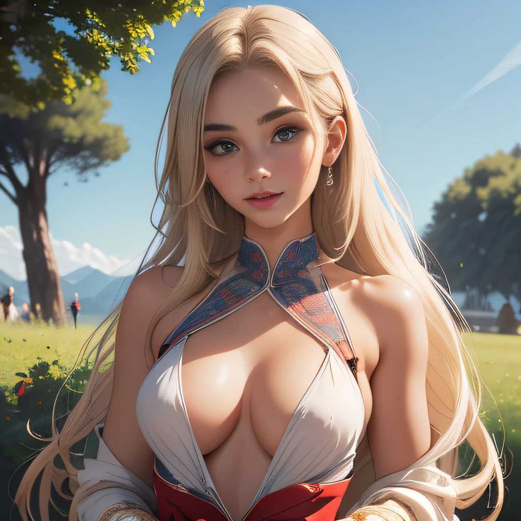 (Extremely detailed 8k wallpaper:2), (photo:2), (soigne Beautiful girl:2), (gives a lecture to friends:2), detailed (Face and eyes), (hyper realistic:1), (highly detailed:1), (epic realistic:1), rim light, (maximum details:1), cozy, (fullbody:1.3), (looking at viewer:2.0), (Woman's Attractive Qualities:2), (Attractive Woman:2), (Attractive:2), Smile, Intelligence, Empathy, Gracefulness, Sense of Style, Fitness, Grooming, Optimism, (Sensitivity:2), Sincerity, Romantic Gestures, Playfulness, Fashion Sense, (Sensuality:2), Charm, Modesty, Thoughtfulness, (Femininity:1), Flirtatiousness, Warmth, (Physical attractiveness:2), A beautiful smile, A love of life, strength and power, vulnerability, curiosity, wonder, love, (nature background:2), kawaii, waifu, Beautiful breasts, (attractive body:2), (Beautiful body:2), Beautiful pose, attractive pose, (Beautiful legs:1.0), (spread legs:1.0), (Beautiful clothes:1), (classic clothes:2), (elegant clothes:2), (European clothes:2), detailed clothes, (skirt:1), (blouse:1), (provocative pose)