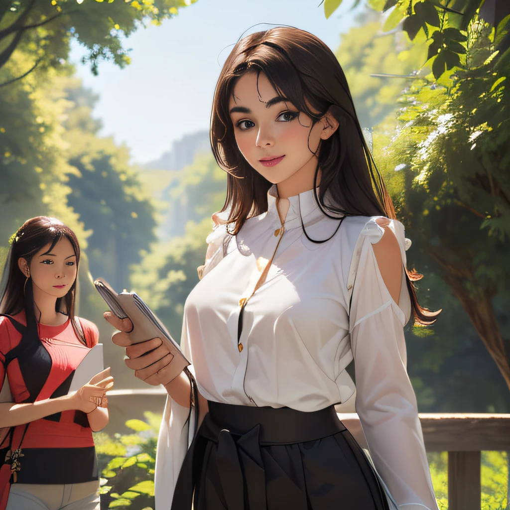 (Extremely detailed 8k wallpaper:2), (photo:2), (soigne Beautiful girl:2), (gives a lecture to friends:2), detailed (Face and eyes), (hyper realistic:1), (highly detailed:1), (epic realistic:1), rim light, (maximum details:1), cozy, (fullbody:1.3), (looking at viewer:2.0), (Woman's Attractive Qualities:2), (Attractive Woman:2), (Attractive:2), Smile, Intelligence, Empathy, Gracefulness, Sense of Style, Fitness, Grooming, Optimism, (Sensitivity:2), Sincerity, Romantic Gestures, Playfulness, Fashion Sense, (Sensuality:2), Charm, Modesty, Thoughtfulness, (Femininity:1), Flirtatiousness, Warmth, (Physical attractiveness:2), A beautiful smile, A love of life, strength and power, vulnerability, curiosity, wonder, love, (nature background:2), kawaii, waifu, Beautiful breasts, (attractive body:2), (Beautiful body:2), Beautiful pose, attractive pose, (Beautiful legs:1.0), (spread legs:1.0), (Beautiful clothes:1), (classic clothes:2), (elegant clothes:2), (European clothes:2), detailed clothes, (skirt:1), (blouse:1), (provocative pose)