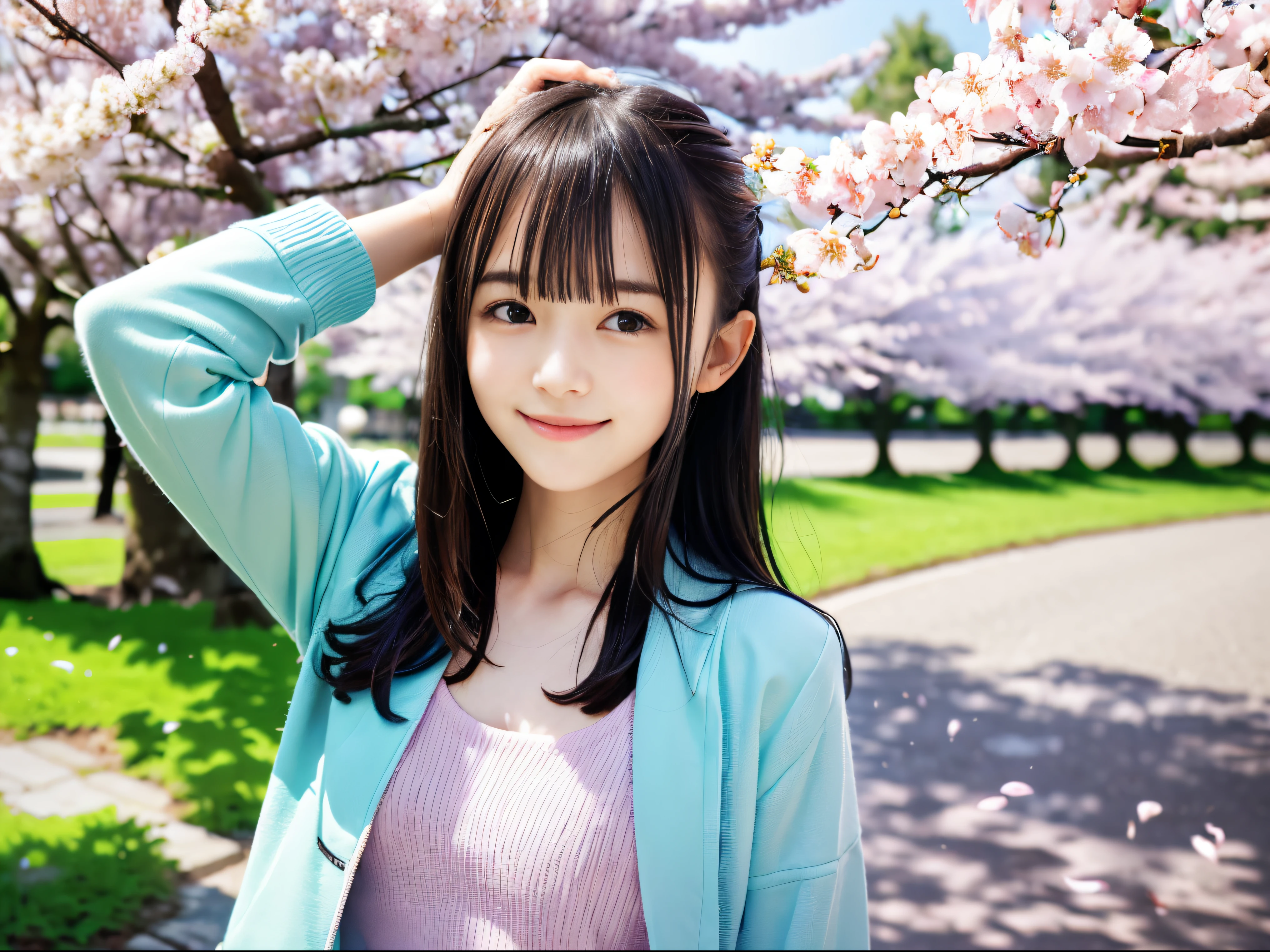 (Close up portrait of slender small breasts half up hair with dull bangs girl in pastel colored jacket and shirts:1.5)、(A girl open her arms wide with small smile and her hair fluttering :1.5)、(Rows of cherry blossom trees in full bloom and cherry blossom petals dancing in the wind:1.5)、(Perfect Anatomy:1.3)、(No mask:1.3)、(complete fingers:1.3)、Photorealistic、Photography、masutepiece、top-quality、High resolution, delicate and pretty、face perfect、Beautiful detailed eyes、Fair skin、Real Human Skin、pores、((thin legs))、(Dark hair)