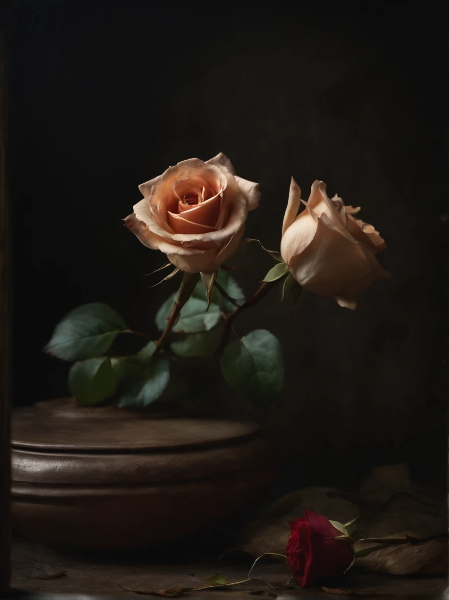 A detailed description of the prompt:
"Best quality, A high resolution, Masterpiece:1.2, Ultra-detailed, Realistic:1.37, Withering roses,rose petals,Dark Still Life, Oil painting, mystical ambiance, Dim lighting, Rich textures, Vivid colors, Intricate details, intense shading, Aging objects, Withered rose A delicate reflection, GLOOMY AMBIANCE, hauntingly beautiful, Creepy elements, Delicate brushstrokes, Engaging composition。, Classical art style, Tonal contrast, Dramatic shadows, Spooky existence, Incredible objects, Intricate decay details, Gloomy color palette, The depth and dimensions of the capture, Emotions hidden in the dark, Realistic rendering, Strong chiaroscuro, Delicate texture, Tiny details of each object, An impeccable depiction of aging, Unforgettable vulnerability, Ethereal atmosphere, Complex layers of symbolism."