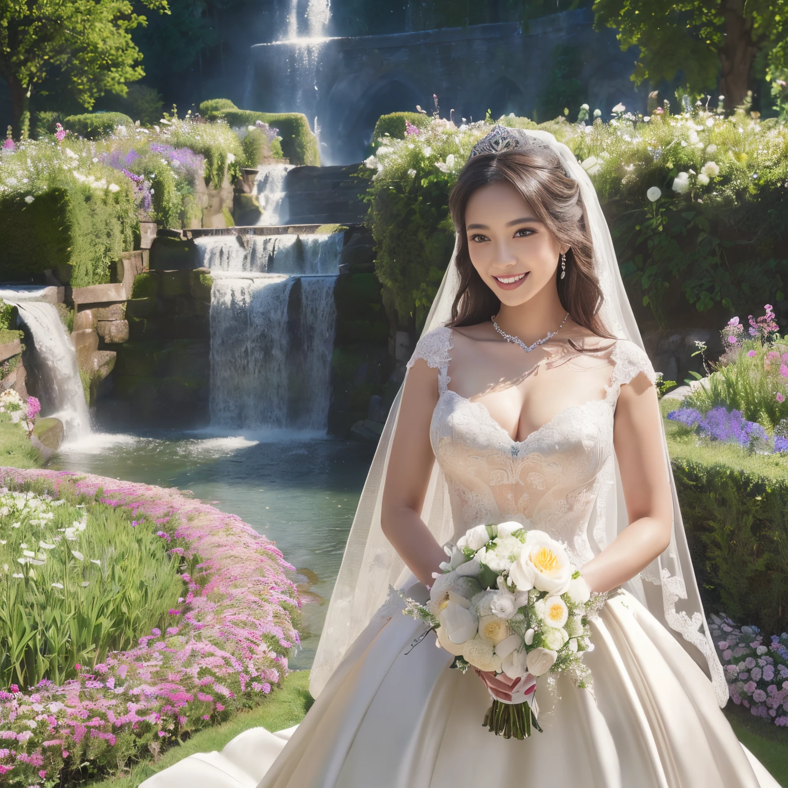 (((Best Quality, masutepiece, 超A high resolution、The most complex and detailed depictions、awardwinning, 8K)))、(1 bride、Half Japan and half Spanish in one、A detailed face、Perfect fingers、Graceful standing)、(the finest giant wedding dresses、perfect bride、most gorgeous wedding dresses、Huge Princess Dresses、wedding dress with intricate jewels、Wedding bouquet、Huge Wedding Dresses、most luxurious bridal dresses、big wedding lace、Tastefully put together hair、)、((The background is a castle, Flower Garden, and waterfalls.、The most luxurious gardens、Luxurious fountain、huge waterfall、falls、beautiful waterfall、The most luxurious medieval European castles、Detailed and intricate castle、Huge and majestic castle、Huge castle、Colorful and bright flower fields、walking in flower garden、Very complex and detailed background、Highly complex and detailed textures、Highly detailed hairstyles))、(Emphasize body lines、large full breasts,stares at the camera、The happiest smile、White teeth、Large teeth、Beautiful teeth、Looking at the camera、large wedding、Large number of attendees、Celebrated by many